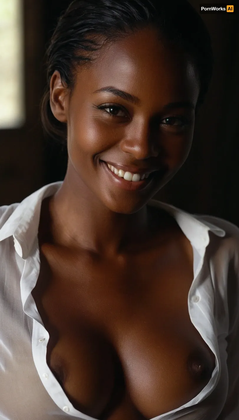 beautiful very dark african ebony with dark hair and translucent white shirt which is very revealing, breasts are visible through shirt, smiling, inviting