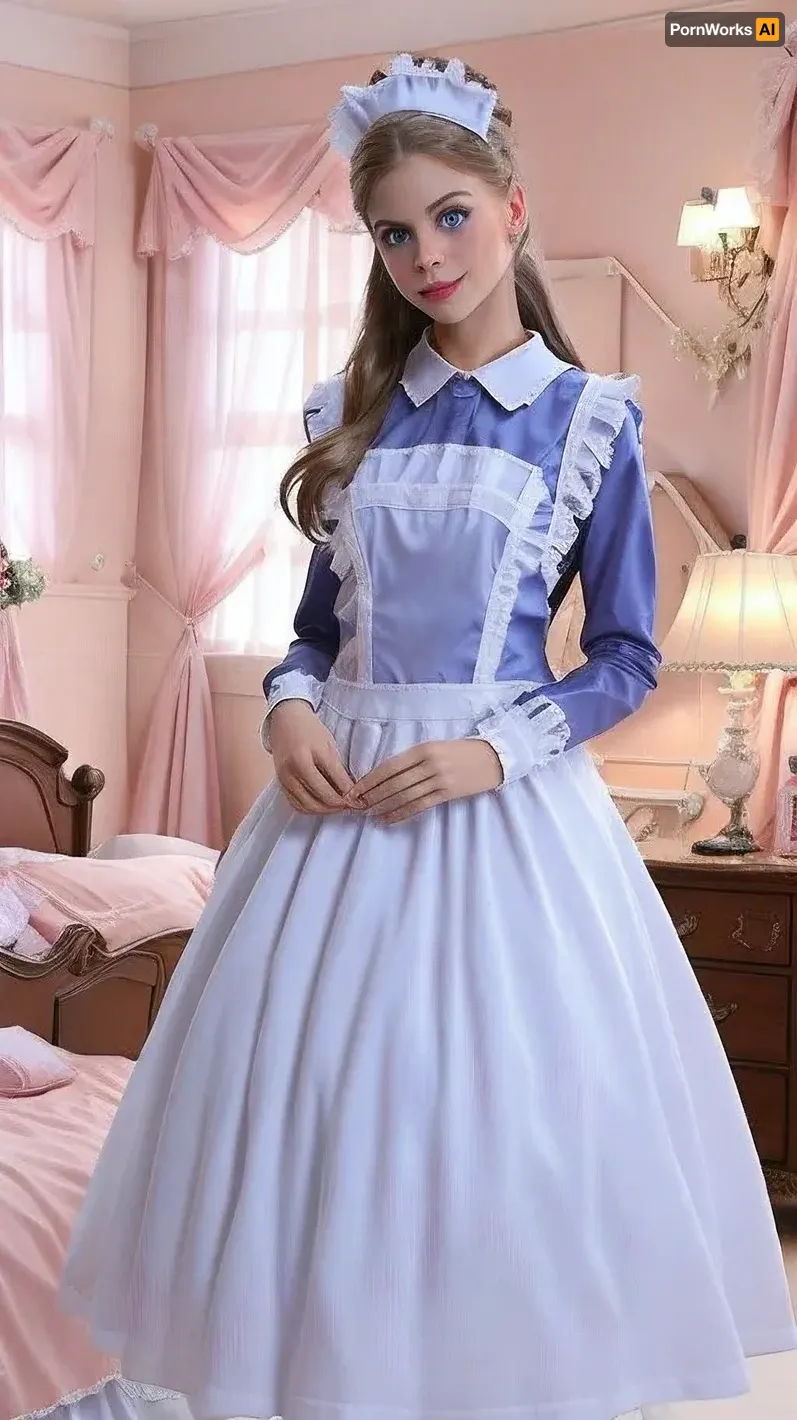 ultra realist, 8k, 24year, 1girl, long brown hair, blue eyes, she leans forward, look the camera, is in his room and in the back is his bed.pink, satin, traditional, maid, <lora:TraditionalMaid:1>