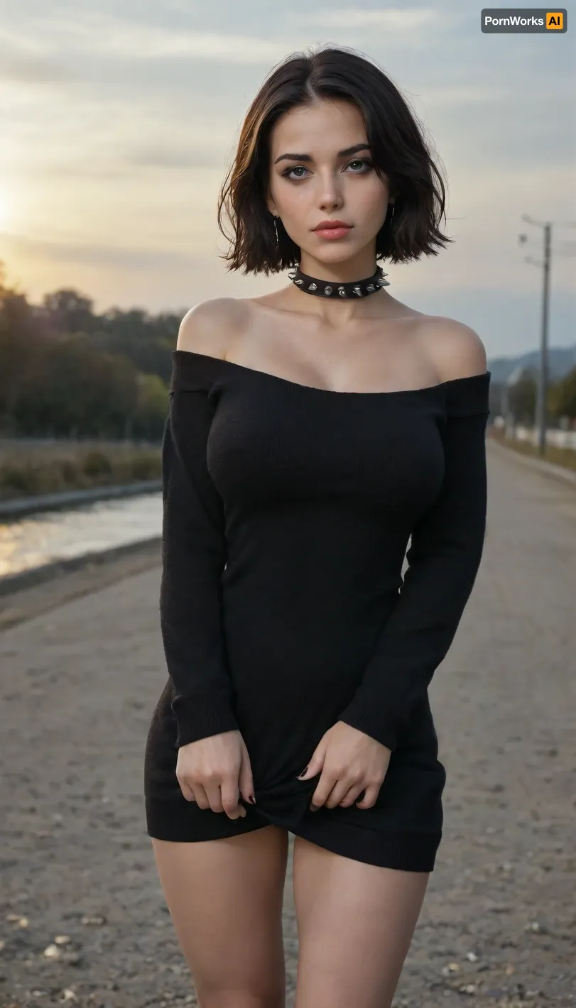 cleavage, dress, solo, short hair, black hair, large breasts, nail polish, fingernails, no bra, long sleeves, collarbone, jewelry, collar, black dress, earrings, gothic, sky, day, sweater, off shoulder, alternate breast size, scar, spikes, blue sky, black nails, spiked collar, bags under eyes, off-shoulder dress, sweater dress, scar on neck, electrolarynx, self harm