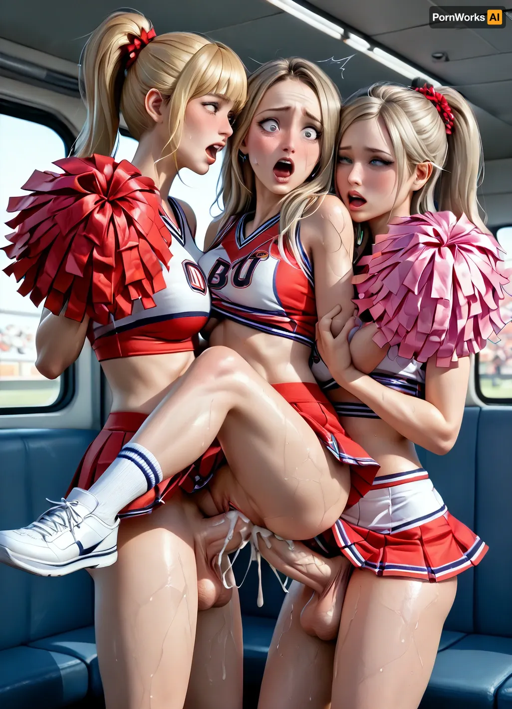 masterpiece, best quality, highly detailed, (anime:1.2), BREAK, ((3 gorgeous 25 year old white blonde cheerleaders together on a bus)), ((((one shocked, embarrassed and surprised 25yo cheerleader standing between 2 futa cheerleaders as she is double penetrated by their large penises, balls deep penetration, she is sandwiched between both futas, sandwiched between 2 25yo futa cheerleaders fuck her ass and pussy with their large erect penises, one futa grabs and sucks on girl's nipple, other futa fondles and gropes her, the 2 other cheerleaders moan in intense sexual pleasure as they cum inside her, impregnated by futa, creampie, cum overflow, excessive cum, her wet pussy visible)))), ((futas are moaning, aroused)), ((futas having an intense orgasm)), (futas having sex moan out of intense sexual pleasure), (bus:1.2), (red cheerleader skirts), ((((shirt lift)))), (red cheerleader tops lifted revealing breasts:1.2), slim, athletic, gymnast body, ((blonde hair)), pony tail, natural b cup breasts, RAR, <lora:MeMaV3_ill:.5>, <lora:add_details_xl:.5>, <lora:Better Anime Backgrounds - [Background] - SDXL Version 1:.5>, <lora:RAR 0.4v:.5>