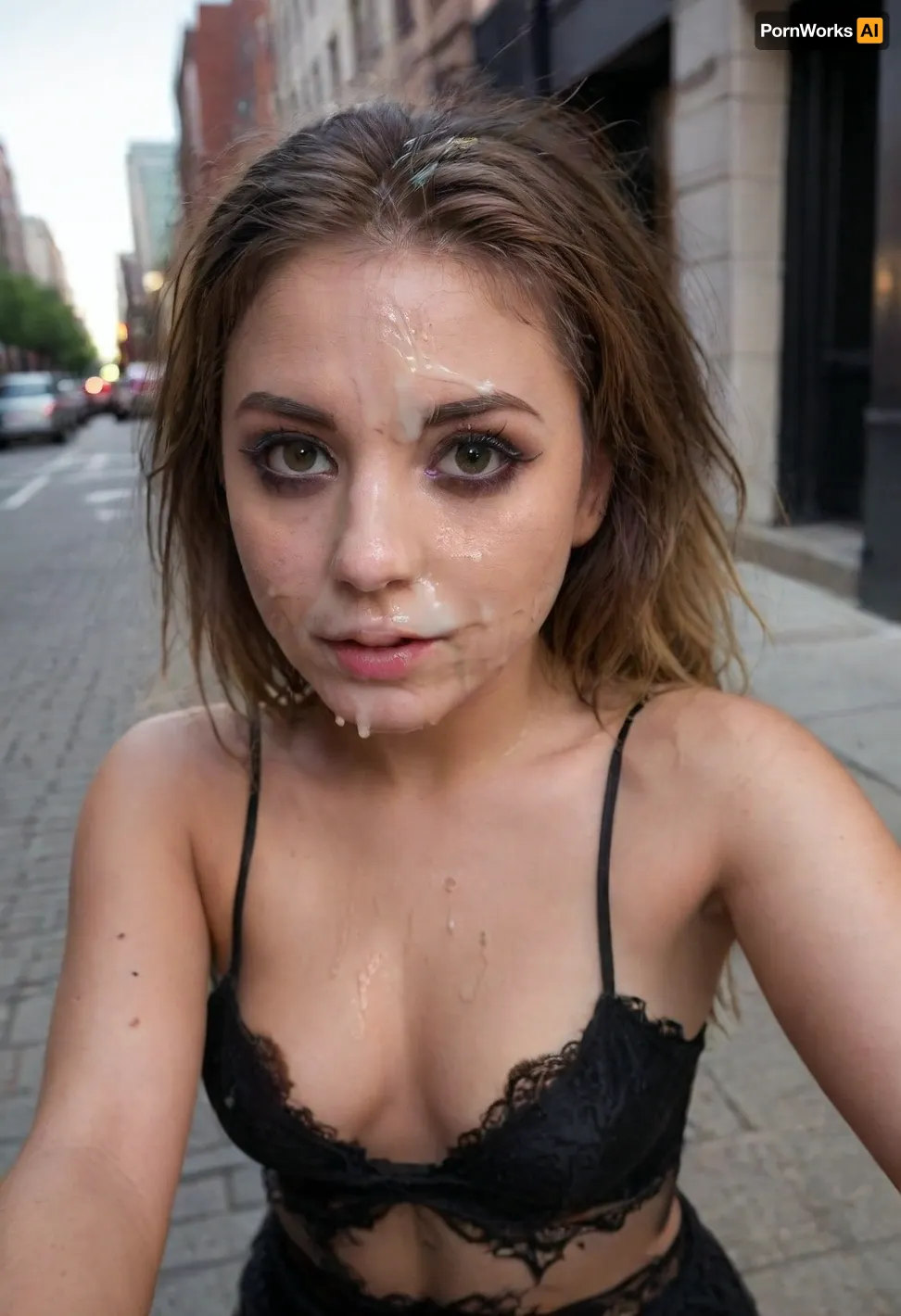 woman, 21 year old influencer walking in the street, city, perfect lighting, Summer, Warm light, ultra realistic, 8k resolution, ultra-detailed, Instagram model, professional photography, latin, brunette, black eyes, dark eyes, big eyes, detailed eyes, high resolution eyes, high quality eyes, selfie, raised selfie, looking away, long hair, black, messy, wearing a black mini skirt, wearing a black crop top, cum on face, cum in hair, cum on clothes, <lora:MS_Real_XL_Bukkake:.5>, <lora:Facials:.5>, <lora:JustCum:.5>