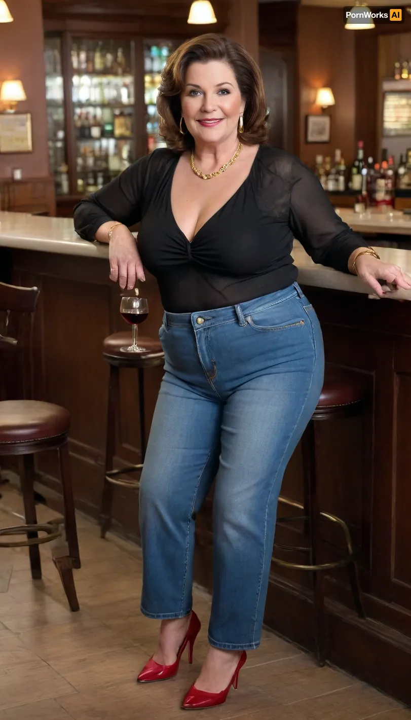 Fat old granny mature, sexy 64 years old, brunette, medium hair, super glamour, gold bracelet, big hoop earrings, necklace, curvy chubby, wide hip, thick legs, cellulite, culottes, tall, very saggy tits, gold necklace, at the bar, small tits, naughty horny flirting face, tight jeans pants, jeans pants tight, long sleeve blouse, seduction, seated, sexy feet high heels, looking at the camera, showing her shoes sexy high heels, sexy granny, perfect face, seated open legs, front view, glass of wine on hands