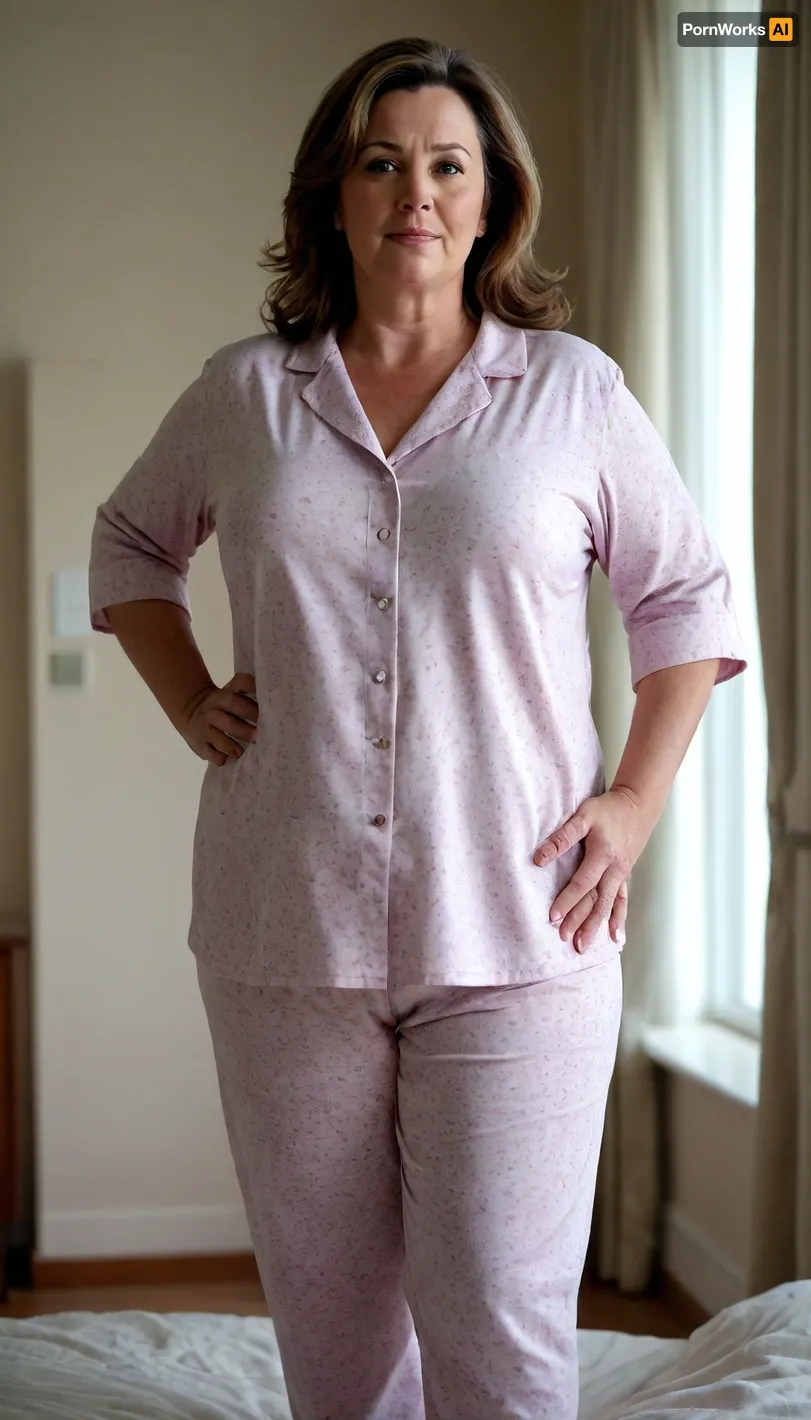 50yo woman, A fat fifty-year-old lady in light cotton pajamas, milf, wide, hips, plump, FUPA, chubby, standing