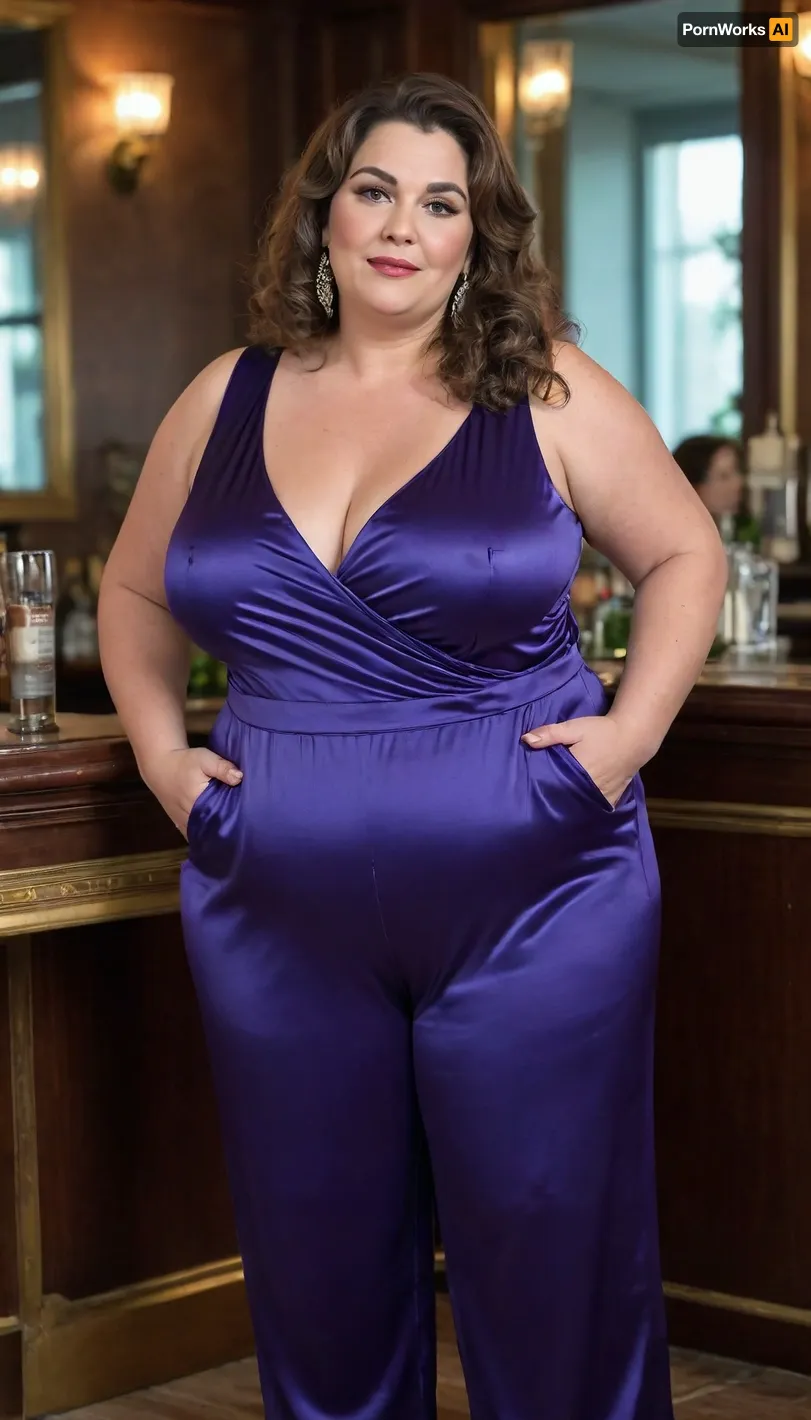 60 years old bbw mature women, russian, greying brunette hair, (oversized fat bbw:1.3), (fupa:1.3), old beauty, wide hips with oversized thick thighs. In satin sleeveless jumpsuit, v-neck, decollete. Cameltoe, Seductive posing. Location bar, cocktail party, soft light on the model face, cinematic. Best quality photo, 8k photo, high detail, high resolution photo.