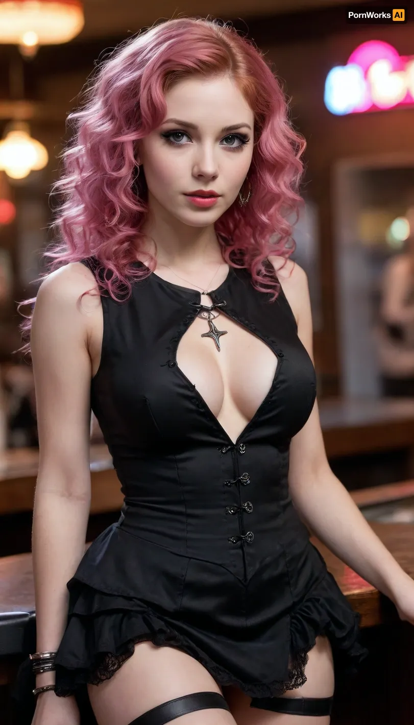 score_9, score_8_up, score_7_up, Raw Photo, Cowboy Shot, girl, cute, seductive, innocent, (light smile:.3), plump lips, slender body, hard rock idol, curly pink hair, perfect eyes, in high detailed black gothic-suit, ultra-detailed gothic-dress, sleeveless top, short wide skirt, inside a nightclub, depth of field, dynamic angle, (photo realistic:1.4), (realistic skin:1.4), fashion photography, sharp, analog film grain, (hyperdetailed:1.15)