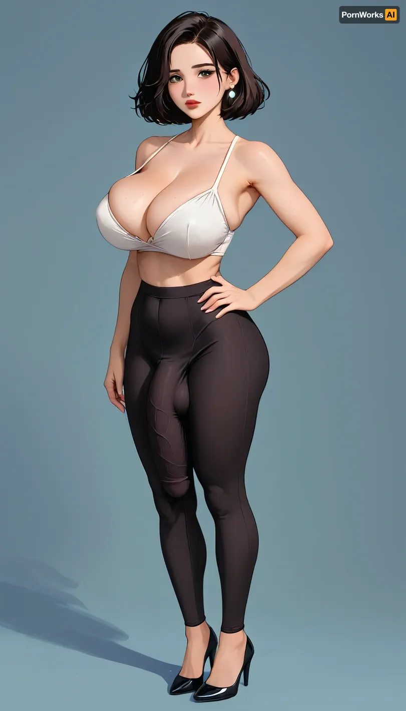 Futanari, massive milky breasts, massive cock, very thin body, leggings, cock under leggings, leggings bulge, cock bulge, erection, long black hair, black high heels, whole body, <lora:Animated_Concept:1.2>