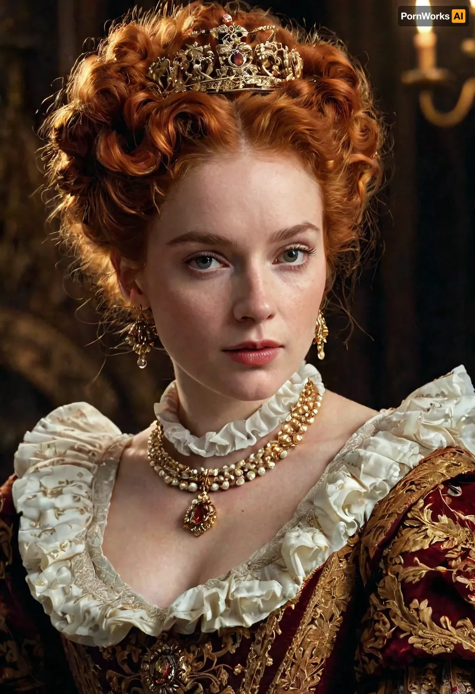 masterpiece, best quality, highly detailed, artwork, full body, young woman, queen, Elizabethan era, red hair, curled hairstyle, jeweled hair ornament, (detailed face:1.3), serious expression, (ruffled collar:1.2), dark and gold gown, (elaborate jewelry:1.1), dark background, Rembrandt lighting, professional illustration, trending on artstation, 8k uhd