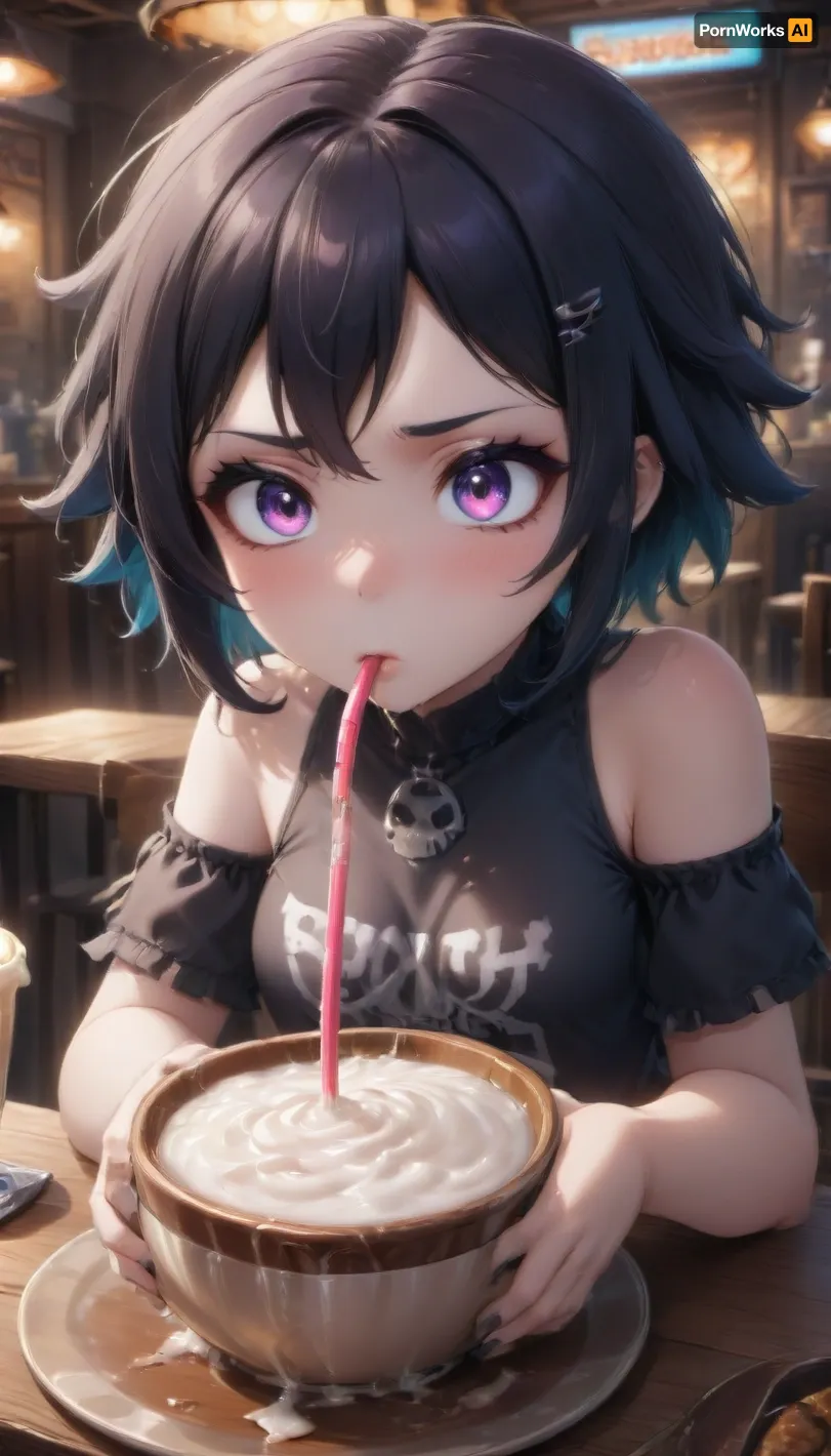 goth drinking cum through straw from bowl full of cum