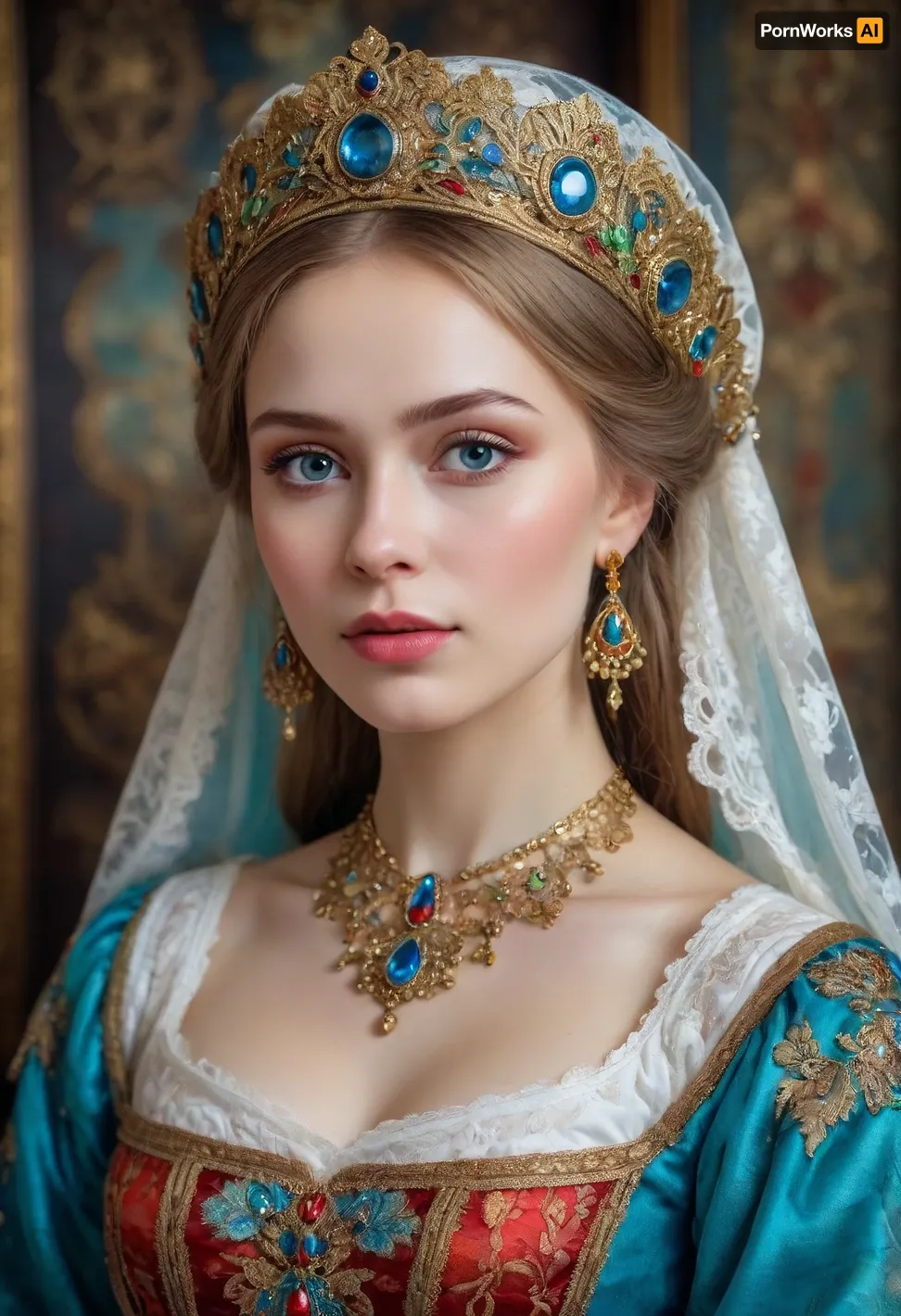 Portrait of a Russian beauty in national costume, lace filigree of bright, rich color. Super clear, highly detailed watercolor, glaze technique, plus colored alcohol ink, style of V. Vasnetsov