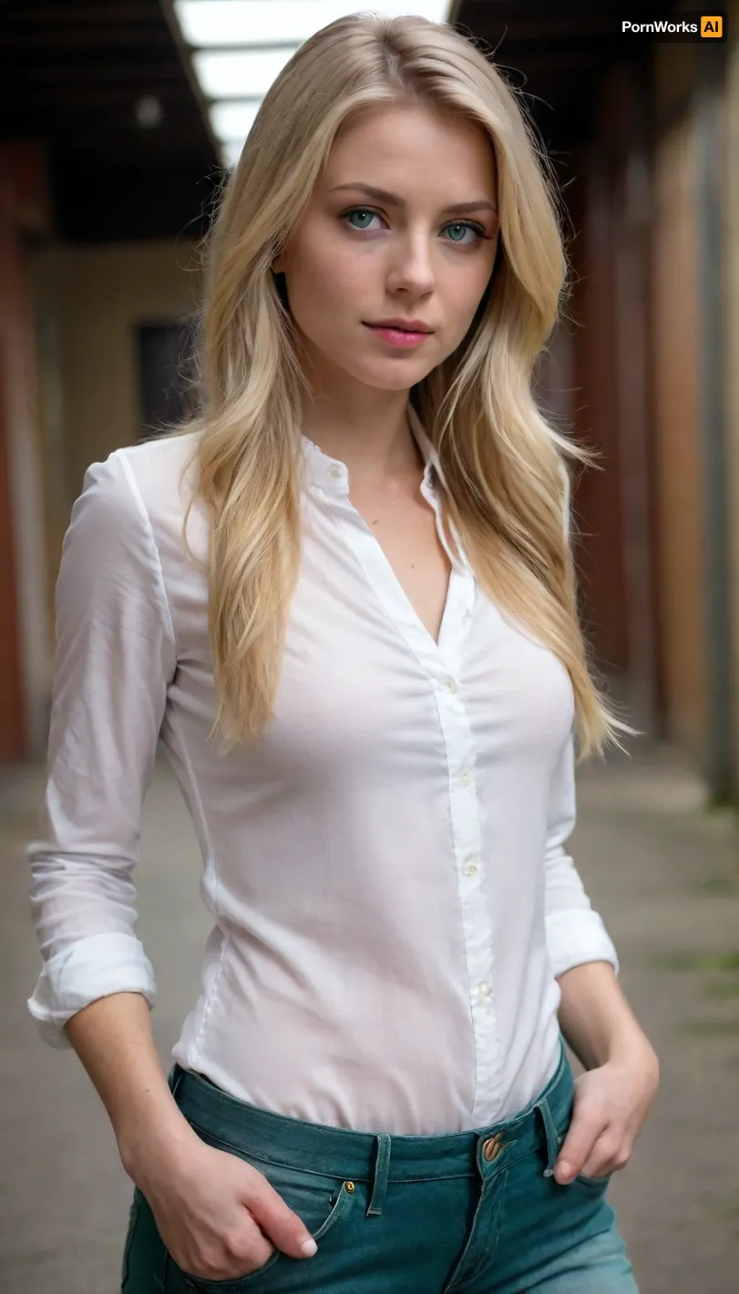 Woman, 25 years old, European white, long hair blonde, green eyes, thin, medium breasts, small butt, jeans, white blouse, full body seen from the front and close up.