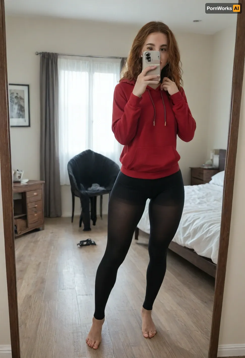 (realistic), realistic face features, realistic face, super detail, masterpiece, ultra-high resolution, 8k UHD, SLR camera, high quality, detailed skin texture, toned body, symmetrical face, detailed face, realistic girl, photorealism, studio lighting, soft shadows, best quality, natural redhead hair, thicc, sexy thick legs, big ass, thick ass, petie, ((very wide hips)), (a woman taking a picture of herself in a mirror), ((thicc build)), ((leg shot)), cluttered room, cute casual streetwear, academic clothing, (a woman taking a selfie in front of a mirror), long shot from front, ((black leggings)), feminine figure, f/15, toned legs, 18, ((thick legs)), claret red hoodie, hoodie, black leggings, far from mirror, wide, hips, thick, thighs, shot from slightly bottom, (very thick legs:1.3), (very wide legs:1.3)
