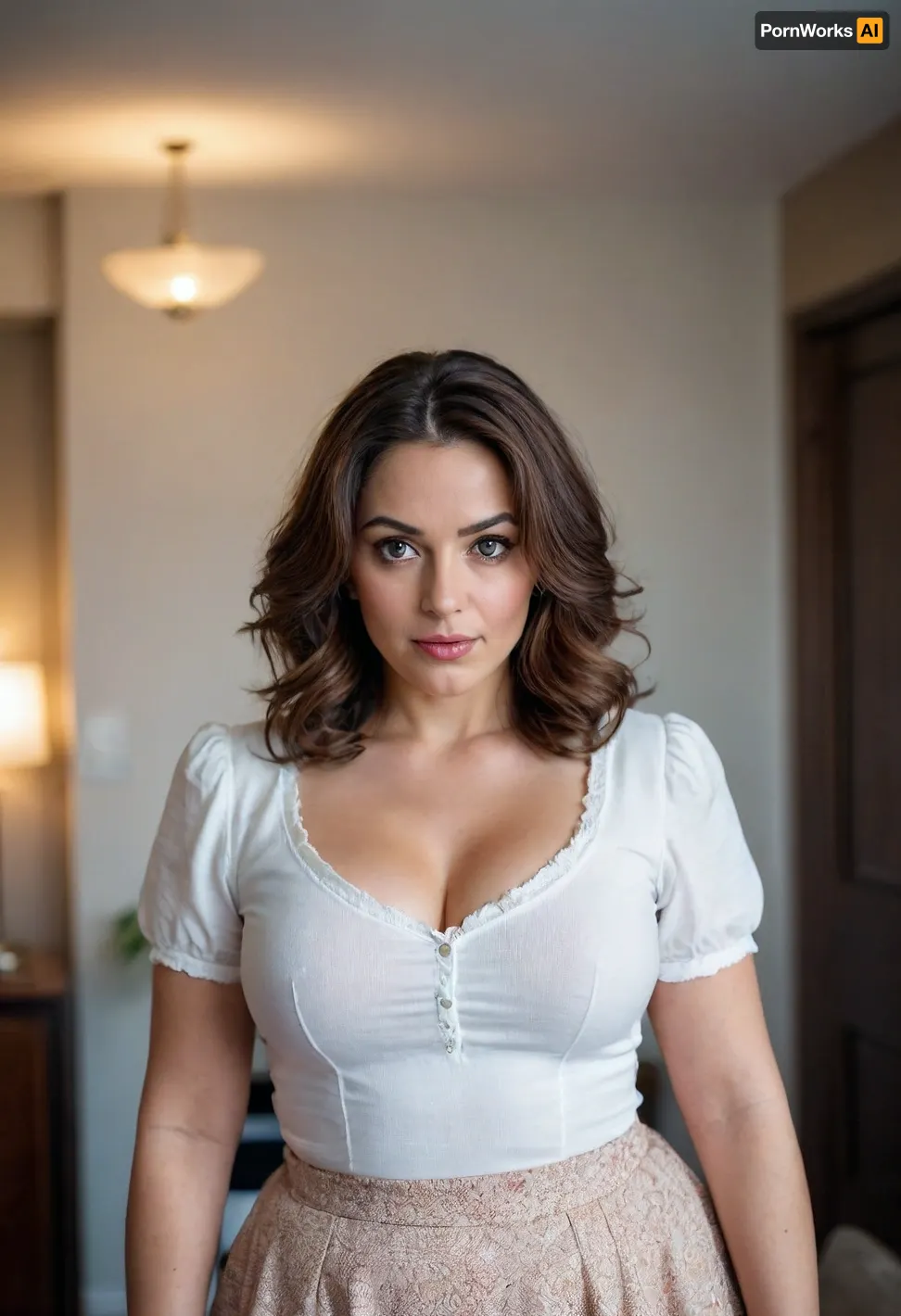 Woman, One, 35 Years old, White, amber eyes, Fat, Big breasts, Big ass, Beauty face, Makeup, Brunette hair, Medium hair, Fluffy hair, Blouse, Cotton skirt, Portrait, Standing