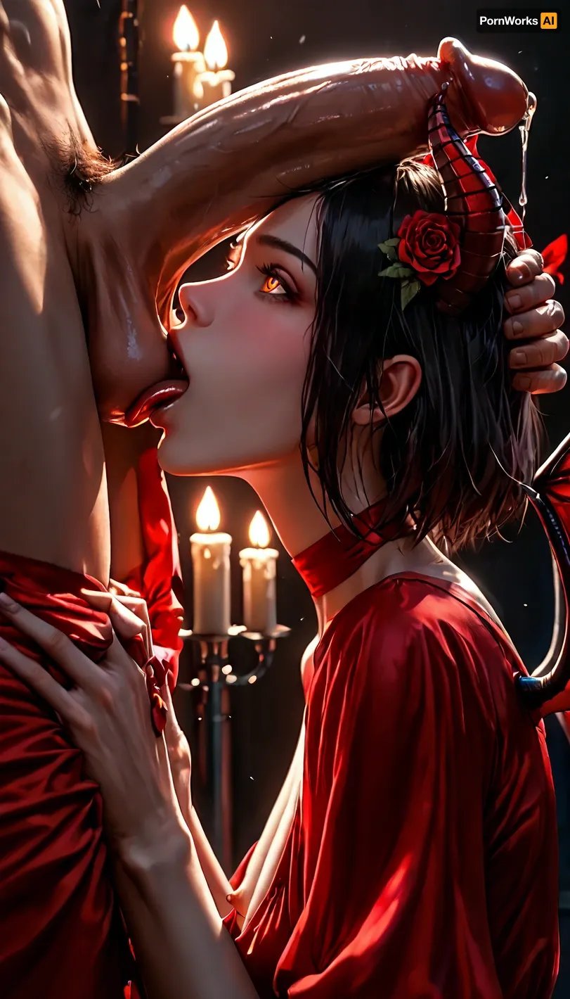 masterpiece, best quality, highly detailed, (anime:1.2), BREAK, ((solo)), ((a gorgeous 25 year old white succubus with demonic, wings, horns, tail, succubus is in love with a man)), (succubus has long black hair bob haircut), (wide open orange eyes), (sideview, close up on face:1.2), (1boy:1.2), (ball suck, open mouth, tongue out, penis on head:1.2), ((boy's hands are grabbing her horns)), (natural b cup boobs, beautiful nipples), (naughty grin expression, blushing, overjoyed, horny, aroused:1.2), (she is overjoyed being with a man for Valentine's Day, she smiles lovingly at him and blushes as she licks his testicles with her tongue:1.2), slim, athletic, gymnast body, (wearing a loose crimson red satin dress:1.4), no bra, no panties, (man with a large erect penis with precum, testicles), (his hands grab her horns while she licks viewer's penis with her tongue, open mouth, tongue out, penis on head:1.4), (extremely dim lighting with source only from candles, darkness, extremely dark room, romantic atmosphere:1.4), (extremely dark and romantic environment:1.2), (all lights are out in room, dim candle lights are the only source of lighting:1.2), (rose flower peddles in a line on the bed leading up to her beautiful pussy:1.2), (bedroom:1.2), (rose flower peddles scattered across bed, bottle of bourbon, heart shaped box of assorted chocolates), (fireplace:1.2), (dark moonless night, nighttime:1.2), (snowing outside), RAR, <lora:MeMaV3_ill:.5>, <lora:add_details_xl:.5>, <lora:Better Anime Backgrounds - [Background] - SDXL Version 1:.5>, <lora:RAR 0.4v:.5>