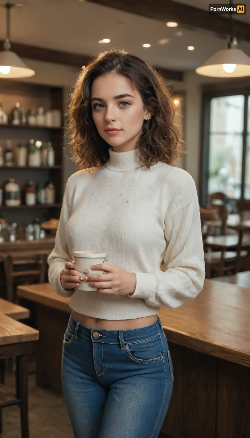 (masterpiece, best quality), a young woman in a white sweater and tight blue jeans, standing in a café, holding a cup of coffee, soft lighting, cinematic composition, ultra-detailed.