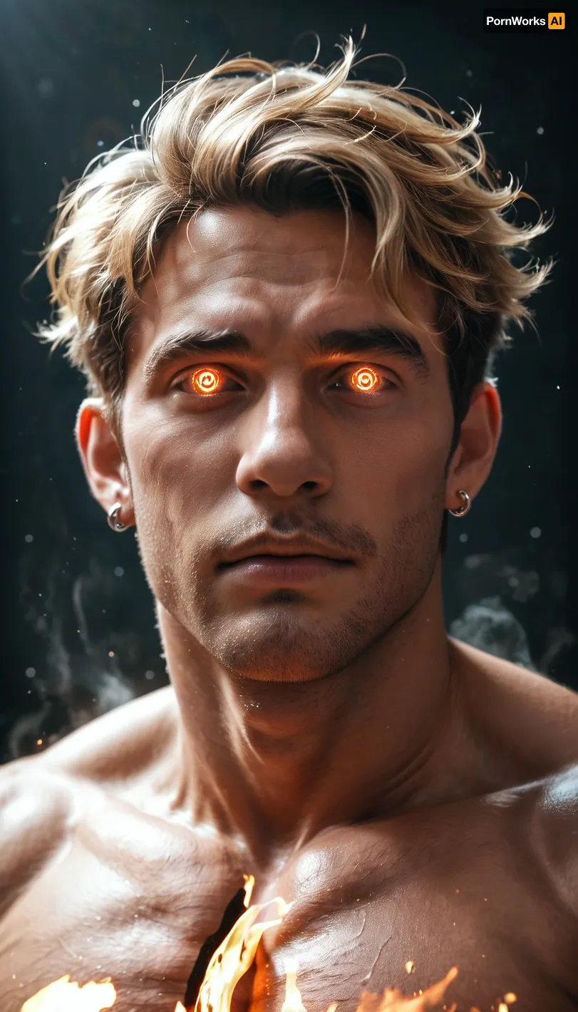 Huge dick male short-haired dark blonde celestial masculine energy walking nude with his etenral flame aura and unique energy signature flowing around him, perfect quality, photorealistic, hyper focus, 8k resolution, clear