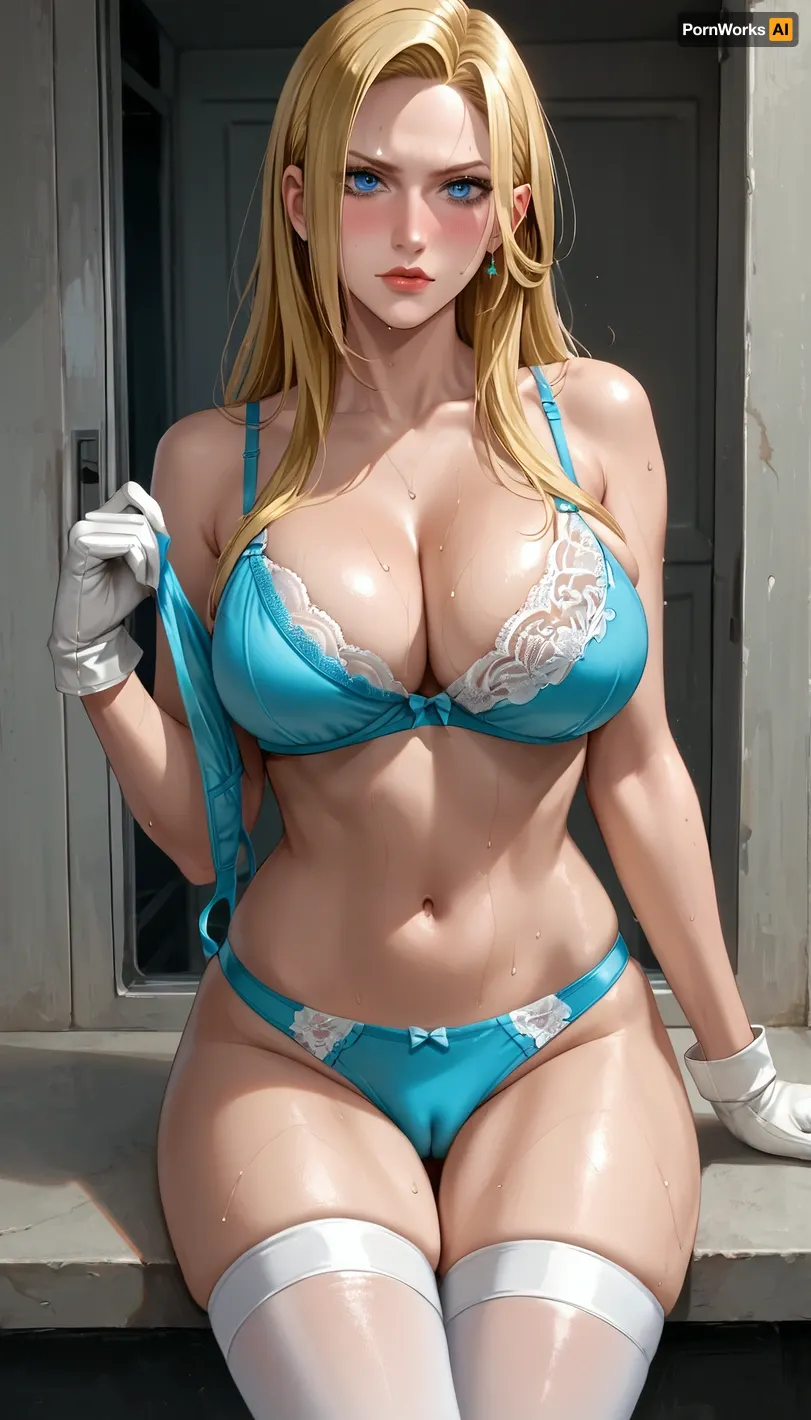 olivier mira armstrong, 1girl, breasts, female focus, lips, long hair, looking at viewer, sitting, solo, gloves, thighhighs, blue eyes, blush, bra, sweat, underwear, anger vein, blonde hair, cameltoe, holding, gluteal fold, huge breasts, thighs, curvy, one breast out, thick thighs, holding underwear, holding bra, holding unworn clothes