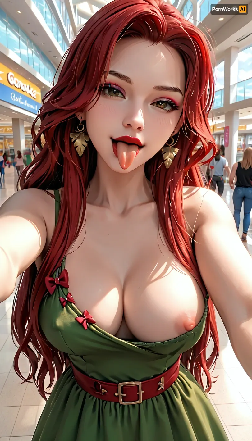 at the mall, she takes a selfie, wears a green dress, long hair, red hair, makeup, red lipstick, sticks out her tongue, winks, blinks, arrows in her eyes, opens her dress slightly with her left hand, showing the nipple on her left breast, opens the nipple slightly, nipple, slip, good quality, ultra HD, 4K, 8K, <lora:Sideboob_XL:.5>, <lora:nipple slip tight clothes XL V2:.8>