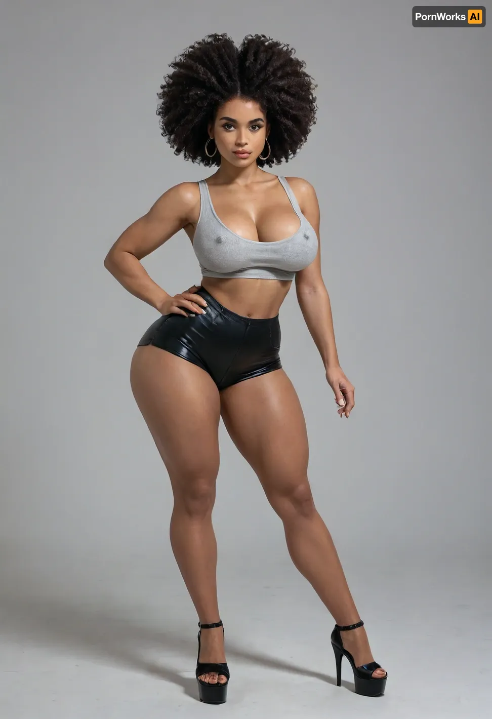 ((black woman)), afro, cute face, thick eyebrows, long eyelashes, busty lips, big breast, (tiny waist), ((big huge ass)), dark skin, thin, fit, muscular, long nipples, pierced navel, short tight crop tank top, tight booty shorts, platform high heels, full body view