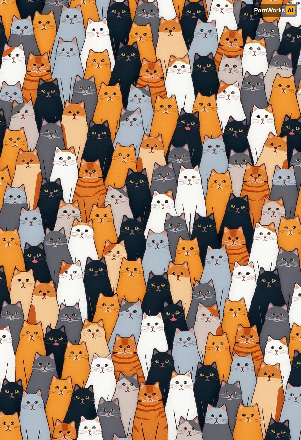 An intricate and vibrant illustration of a massive crowd of cats, filling the entire frame with no visible background. Each cat is depicted with unique fur patterns, colors, and expressions, showcasing a wide variety of breeds. The color palette features warm tones of orange, white, gray, black, and blue, creating a harmonious yet dynamic visual. The cats are arranged in a dense, non-symmetrical pattern, with each individual distinct yet blending seamlessly into the collective. The lighting is soft and even, highlighting the rich textures of the fur and the individuality of each cat. The overall style is realistic with meticulous attention to detail, giving a sense of warmth and liveliness to the composition.