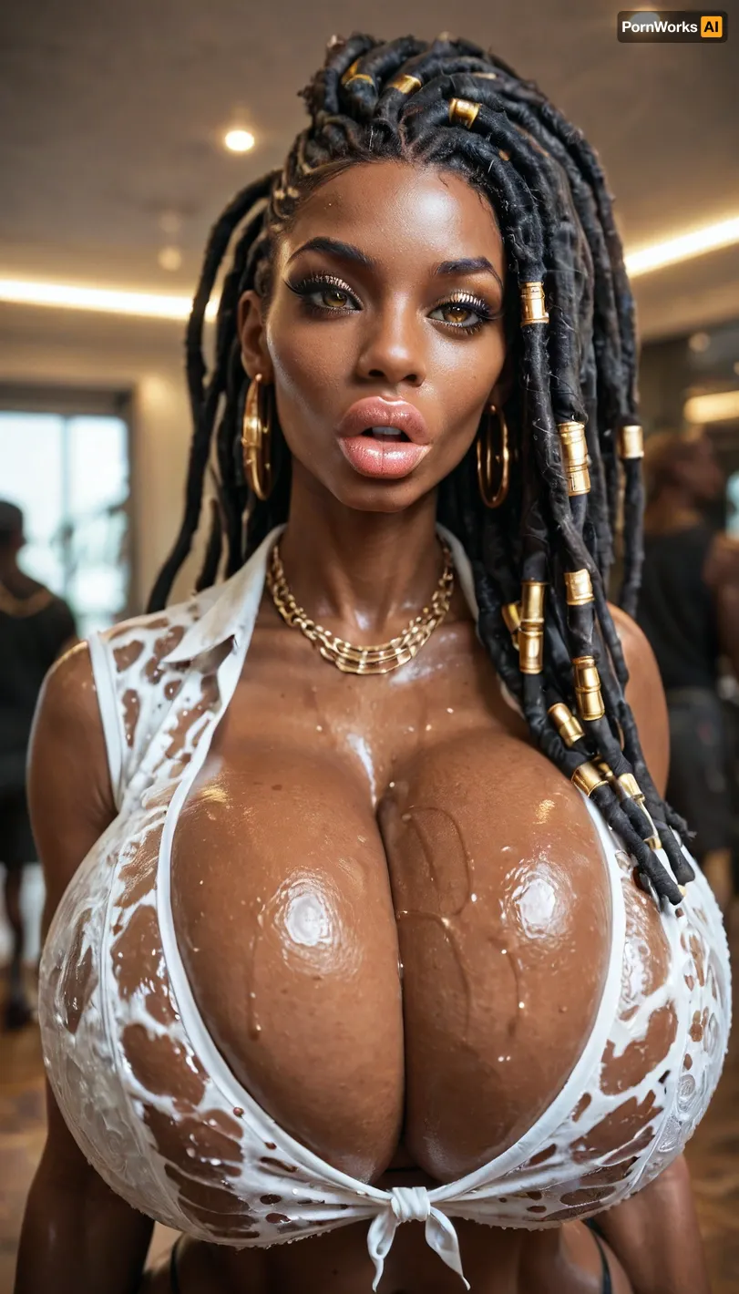 woman with huge gigantic fake breasts, massive fake puffy lips, dark skin bimbo, long dreadlocks