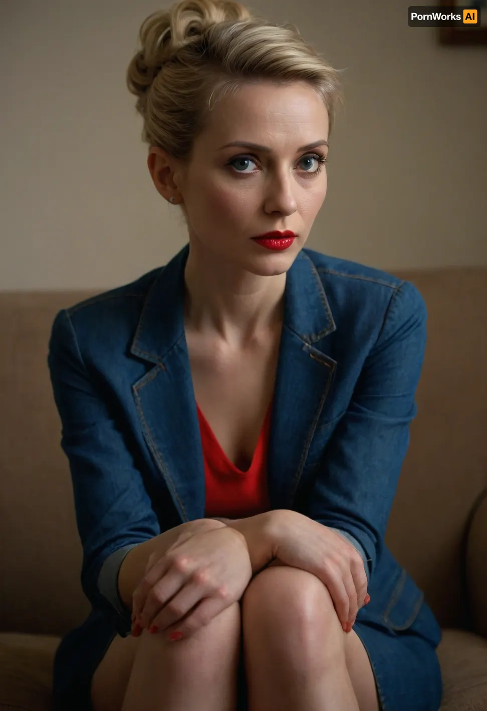close up, face focus, 1/2 body view, soviet mature woman, ((completely clothing)), ((in denim suit)), (very skinny body), ((blonde updo haircut)), 40 years old, perfect face, ((sad:1.3)), blue eyes, makeup, red lipstick, sitting on sofa, microskirt, extremely, short, skirt, <lora:MicroSkirt_XL:.5>, <lora:580159_training_data:.5>