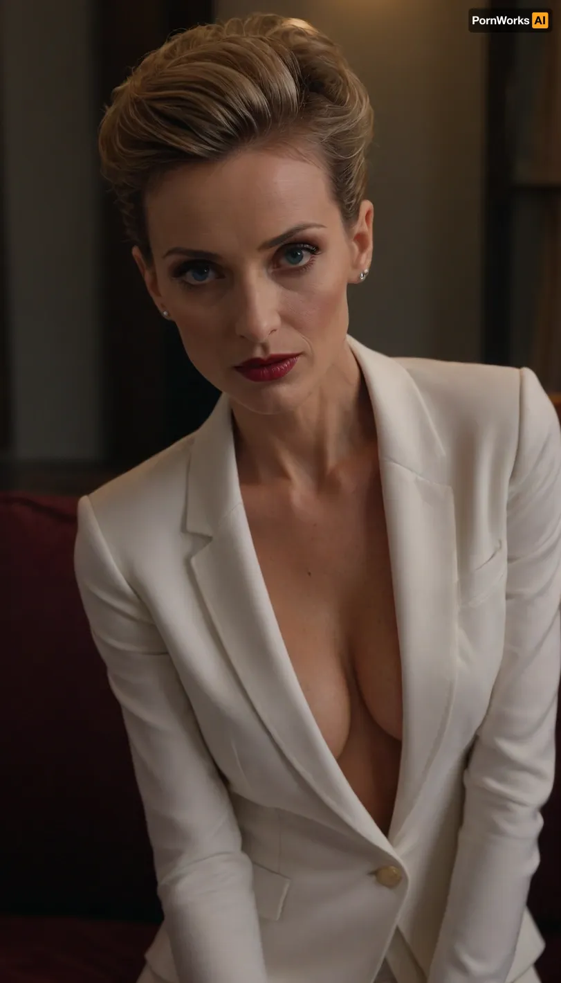 close up, face focus, 1/2 body view, french mature woman, ((completely clothing)), ((in skinny white suit)), (very skinny tanned body), (big natural breasts), ((dark blonde updo haircut)), 40 years old, perfect face, ((sad:1.3)), blue eyes, Contouring makeup, burgundy lipstick, sitting on sofa, microskirt, extremely, short, skirt, <lora:MicroSkirt_XL:.5>, <lora:580159_training_data:.5>