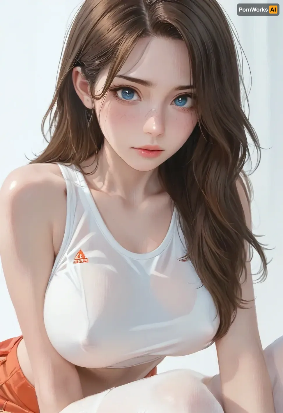 (1girl, brown hair, blue eyes, long hair), beautiful face, blush, freckles, hands resting on tits, big breasts, perfect body, erect nipples, (sports bra, orange micro skirt, white stockings), white background, ratatatat74, <lora:cartoon_stickers_xl_v1:.6>, <lora:ratatatat74-000050:1.6>