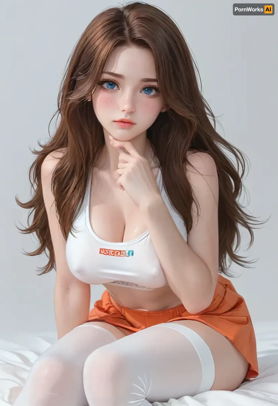 (1girl, brown hair, blue eyes, long hair), beautiful face, blush, freckles, hands resting on tits, big breasts, perfect body, erect nipples, (sports bra, orange micro skirt, white stockings), white background, ratatatat74, <lora:cartoon_stickers_xl_v1:.6>, <lora:ratatatat74-000050:1.6>