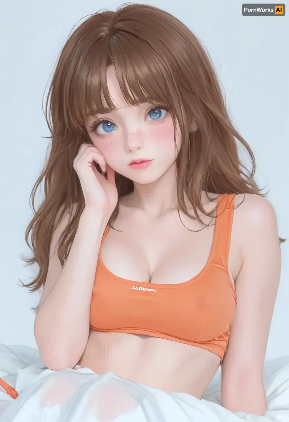 (1girl, brown hair, blue eyes, long hair), beautiful face, blush, freckles, hands resting on tits, big breasts, perfect body, erect nipples, (croptop, orange thong, white stockings), white background, ratatatat74, <lora:cartoon_stickers_xl_v1:1.2>, <lora:ratatatat74-000050:.6>