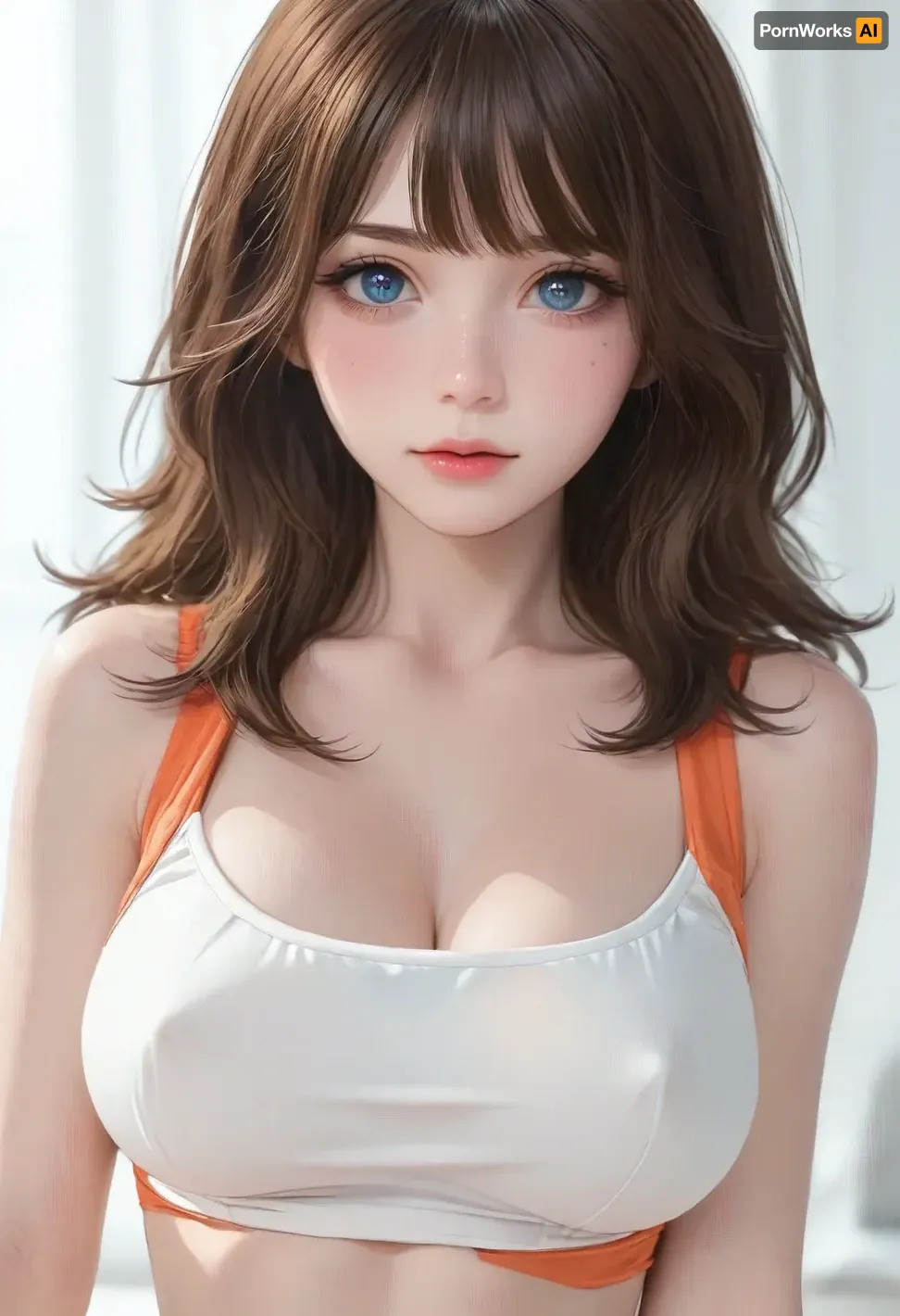 (1girl, brown hair, blue eyes, long hair, bangs), beautiful face, blush, freckles, hands resting on tits, big breasts, perfect body, erect nipples, (croptop, orange thong, white stockings), seductive look, white background, ratatatat74, <lora:cartoon_stickers_xl_v1:.6>, <lora:ratatatat74-000050:1.7>