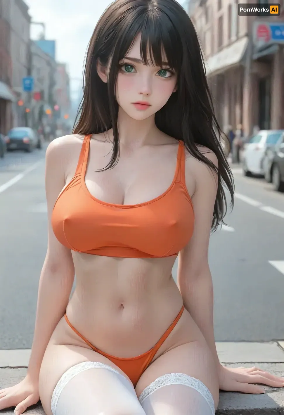 (1girl, black hair, green eyes, long hair, bangs), beautiful face, blush, freckles, hands resting on tits, big breasts, perfect body, erect nipples, (croptop, orange thong, white stockings), seductive look, street background, ratatatat74, <lora:cartoon_stickers_xl_v1:.6>, <lora:ratatatat74-000050:1.7>, <lora:gotou_hitori_xl:.5>