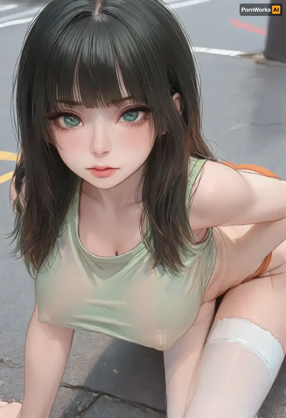 (1girl, black hair, green eyes, long hair, bangs), beautiful face, blush, freckles, hands resting on tits, big breasts, perfect body, erect nipples, (croptop, orange thong, white stockings), seductive look, leaning forward, street background, ratatatat74, <lora:cartoon_stickers_xl_v1:.6>, <lora:ratatatat74-000050:1.7>, <lora:gotou_hitori_xl:.5>