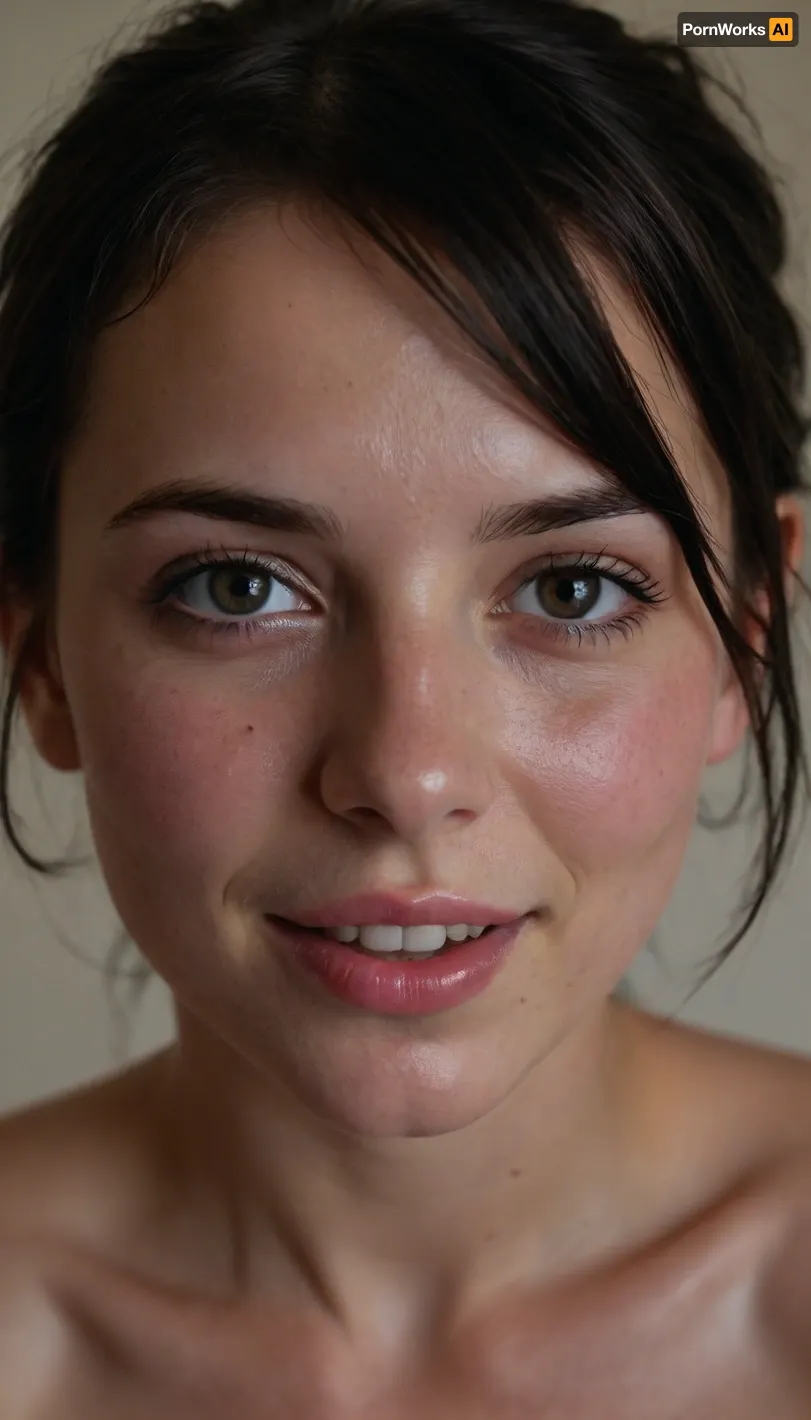 a very close view on face of a beatiful emo girl, she smiles kindly, very natural, long wild black hair, ((submissive)), ((lovely)), (((in very sexual erotic pose))), wild short sport ponytail, full body, ((very much want have sex)), ((high detailed pores on skin)), well-build body, medium tits, small lips, lots of freckles face and skin, blush on the checks and nose, (raised nasal tip, upturned button nose, upturned nose, delicate nose, nose), hypnotized loving grey eyes, brown wild wet hair with sidelocks, very sexy smile