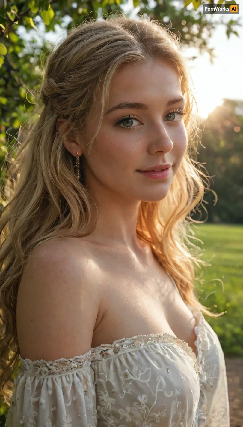 (masterpiece, best quality:1.2), (ultra-detailed:1.3), highres, Disney animation realism, hyper-realistic textures, soft pastel tones, magical lighting, warm morning glow, cinematic beauty, photorealistic, a breathtakingly beautiful young woman in a close-up shot, visible from her chin to slightly above her head, standing in a lush green meadow at sunrise. Her large, expressive eyes shimmer with warmth and innocence, framed by long, delicate lashes, reflecting the golden morning light. Her full, glossy lips curve into a soft, inviting smile, radiating joy and serenity. Her flawless porcelain skin glows softly, illuminated by the gentle sunlight. Her silky, flowing hair frames her face perfectly, catching the first sunrays, shifting between hues of deep chestnut and warm honey. The background is softly blurred, showcasing a dreamy sunrise, golden sunlight filtering through the leaves of trees, creating a warm and ethereal atmosphere. The soft morning breeze gently moves her hair, adding a touch of dynamism to the tranquil moment. Cinematic depth of field, HDR, vibrant color balance, dynamic lighting, ultra-sharp details, high resolution, realistic depth of field, 4K rendering.