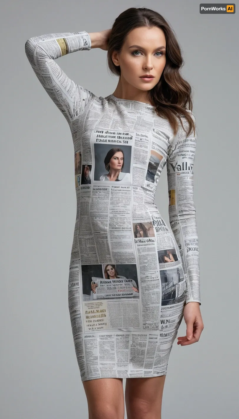 Photorealistic full-length photo of a beautiful Slavic woman wearing a long-sleeved lycra bodycon dress with newspaper print. She stands against a plain light gray background and faces directly towards the camera. She poses with one hand on her head and the other arm extended behind her back. The shot is done in a professional style, brunette