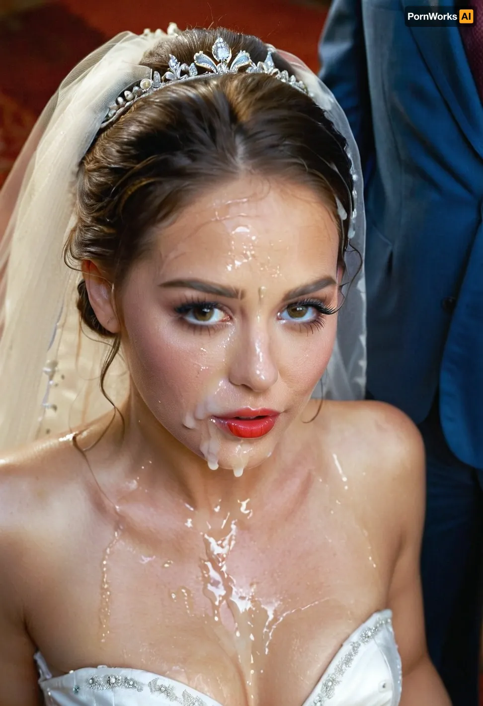 a full body image, bukkake, cumshot, facial portrait picture of the Bride face in cum facial, with heavy makeup and a lot of makeup, a lot of Cum on her face, cum on her long black eyelashes, Cum on her eyelids, Cum on her cheek skin, her face wet with Cum, Cum on her red lips. cum on her wedding tail., woman, cum, on, face, <lora:JustCum:1>