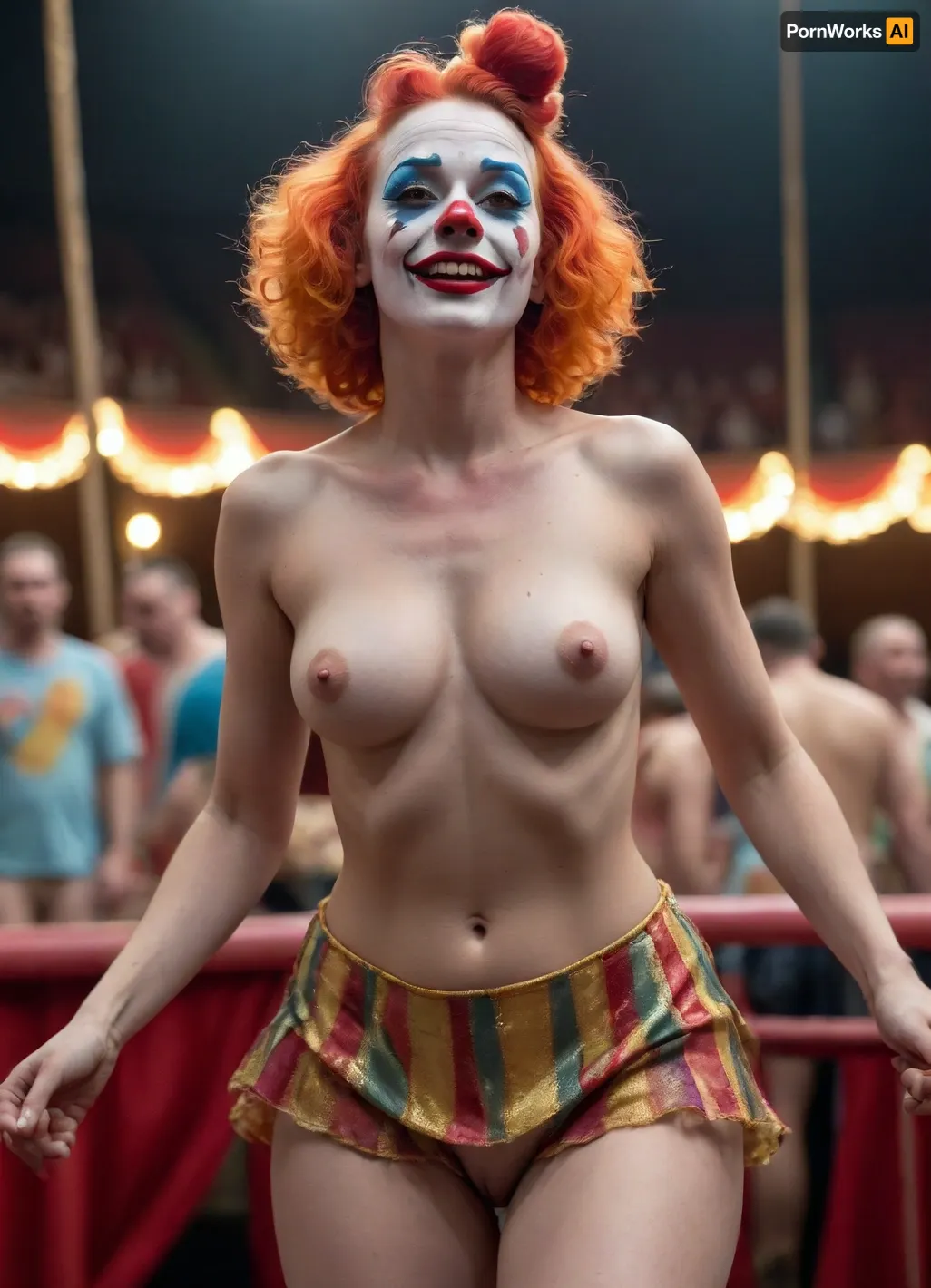 fully naked Woman, a female clown at the circus, skirt lift