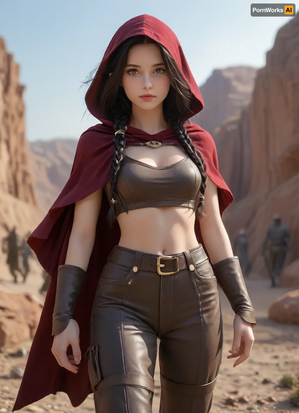 Ultra- quality, masterpiece. The viewer sees before him a rocky area with sparse vegetation, among the debris below, in the distance, a charming creature, she is dressed in very light sand-colored desert ranger armor, a cape with a hood that folds in flight, leather accessories in accordance with the style of clothing. Her hair is long, purple, pink, green, gathered in a complex hairstyle, rare braids among the loose hair, dreadlocks. She has a luscious figure, with a slim waist. Her face is very detailed, with a sly cat look, she \ is a killer. The action takes place in the dark of night, moonlight, starlight, dark atmosphere, Huntress, elf