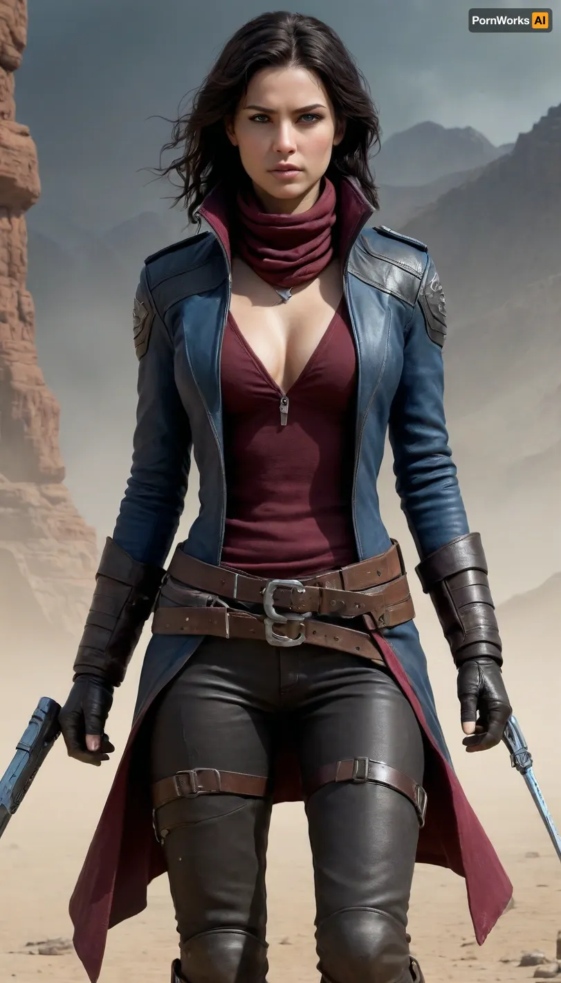 Seraphina Drakos stands as a striking figure against the backdrop of the untamed frontier, her appearance as commanding as the harsh worlds she roams. She is tall, with a lean, athletic build, her posture exuding both confidence and readiness for action. Her long, dark hair, the color of a starless night, falls to her shoulders in soft waves, often loosely tied back with a simple leather strap to keep it out of her face during a fight. Her piercing blue eyes are sharp, a contrast to the cold emptiness of space, their intensity often locking onto her target or a person in need of help, exuding both wisdom and a hint of sadness.

Seraphina's clothes are practical yet hold a sense of rugged elegance that reflects her complicated life. She wears a long, weathered leather coat, a dark brown with faded patches of black and deep maroon from years of use. The coat is intricately designed, with a high collar that shields her neck from harsh winds and the blazing suns of desert worlds. The leather has a soft sheen, showing the care she takes in maintaining her gear, but it's clear that it's been through many battles. The coat billows around her as she moves, giving her an almost ethereal presence, like a shadow gliding through the streets of a forgotten town or the corridors of a space station.

Beneath her coat, Seraphina wears a form-fitting black tactical suit, made from lightweight yet durable material. It allows her the freedom of movement she needs for hand-to-hand combat and quick escapes when necessary. The suit is adorned with utility straps that hold various tools, a compact blaster, a few grenades, and small pouches for medical supplies. Her belt is thick and sturdy, with a holster designed for a heavy blaster pistol, which she carries with the precision of a seasoned warrior.

Her boots are a mix of practical design and rugged style, made from reinforced leather with metal plates at the toes for added protection. They are worn from countless journeys across rough terrain but still perfectly functional, their soles designed for silent movement across both rocky landscapes and metal space stations. Seraphina’s accessories are minimal yet significant. A silver pendant, a family heirloom, hangs around her neck, often tucked beneath her shirt, only visible in moments of deep reflection. Her gloves, fingerless and made of durable leather, provide her with the tactile feel she needs while working with gadgets or wielding weapons. A faded bandana is tied around her wrist, a token from a past life, reminding her of her humanity amidst the chaos she faces. The setting around her is the wild frontier, desolate planets with cracked, dusty landscapes, dim-lit spaceports filled with smugglers, and vast, uncharted galaxies teeming with danger. The stars above are her constant companions, and the desolate worlds below her feet are reminders of the unrelenting path she’s chosen.