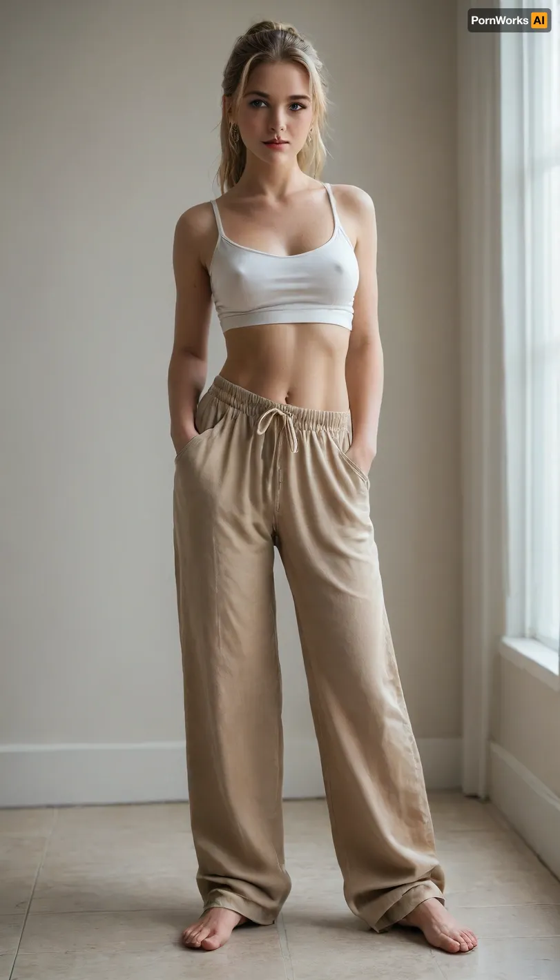 masterpiece, photorealistic, maximum details, an extremely beautiful young woman, massive boobs, blonde hairy pussy, very slim waist, long straight blonde hair tied to a ponytail, twerking, legs wide spread, wearing baggy pants and baggy top, flashing tits, full body