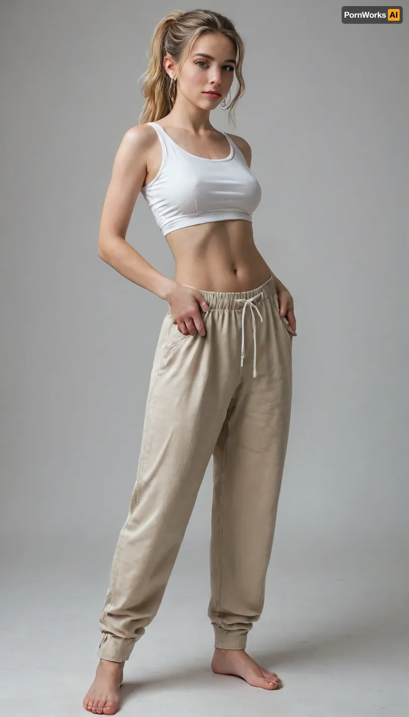 masterpiece, photorealistic, maximum details, an extremely beautiful young woman, massive boobs, blonde hairy pussy, very slim waist, long straight blonde hair tied to a ponytail, twerking, legs wide spread, wearing baggy pants and extremely short baggy tanktop, underboobs, full body
