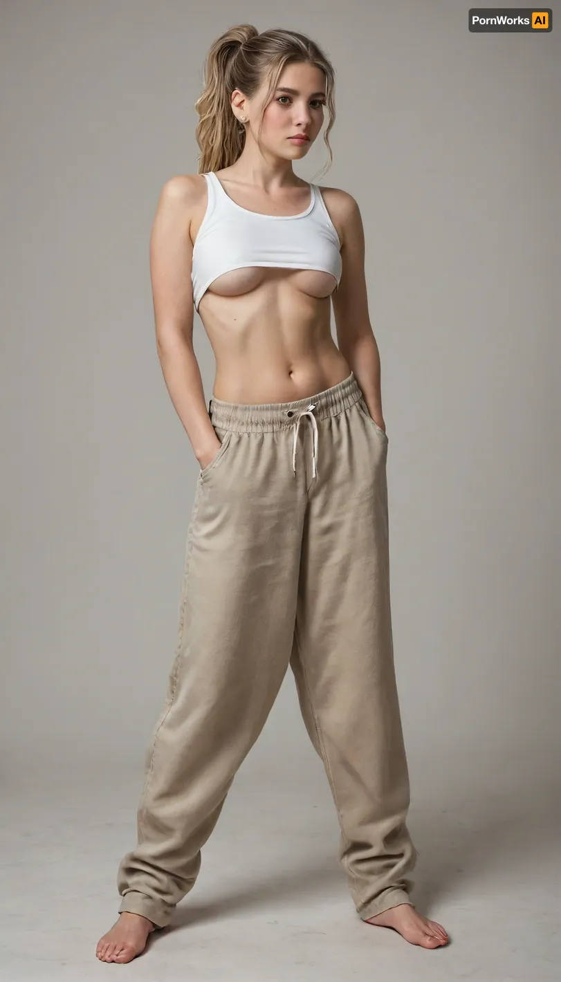 masterpiece, photorealistic, maximum details, an extremely beautiful young woman, massive boobs, blonde hairy pussy, very slim waist, long straight blonde hair tied to a ponytail, twerking, legs wide spread, wearing baggy pants and extremely short baggy tanktop, underboobs, full body