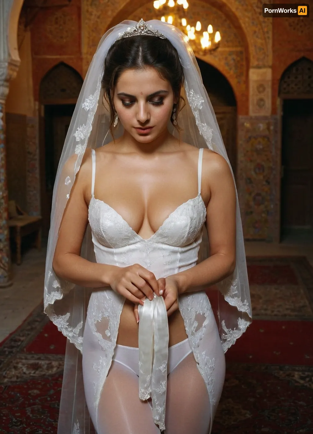 a photo of a Iranian sexy Bride, brunette, cute, white 0 denier pantyhose, <lora:XL_FDOneNudeFemale:.5>