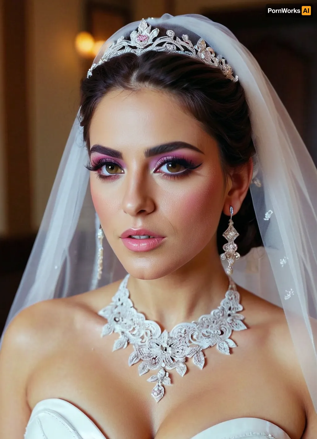 Persian slut bride, in latex bridal custom, heavy pink makeup, ruined makeup, happy., wedding, girl, <lora:sl_sila:.5>