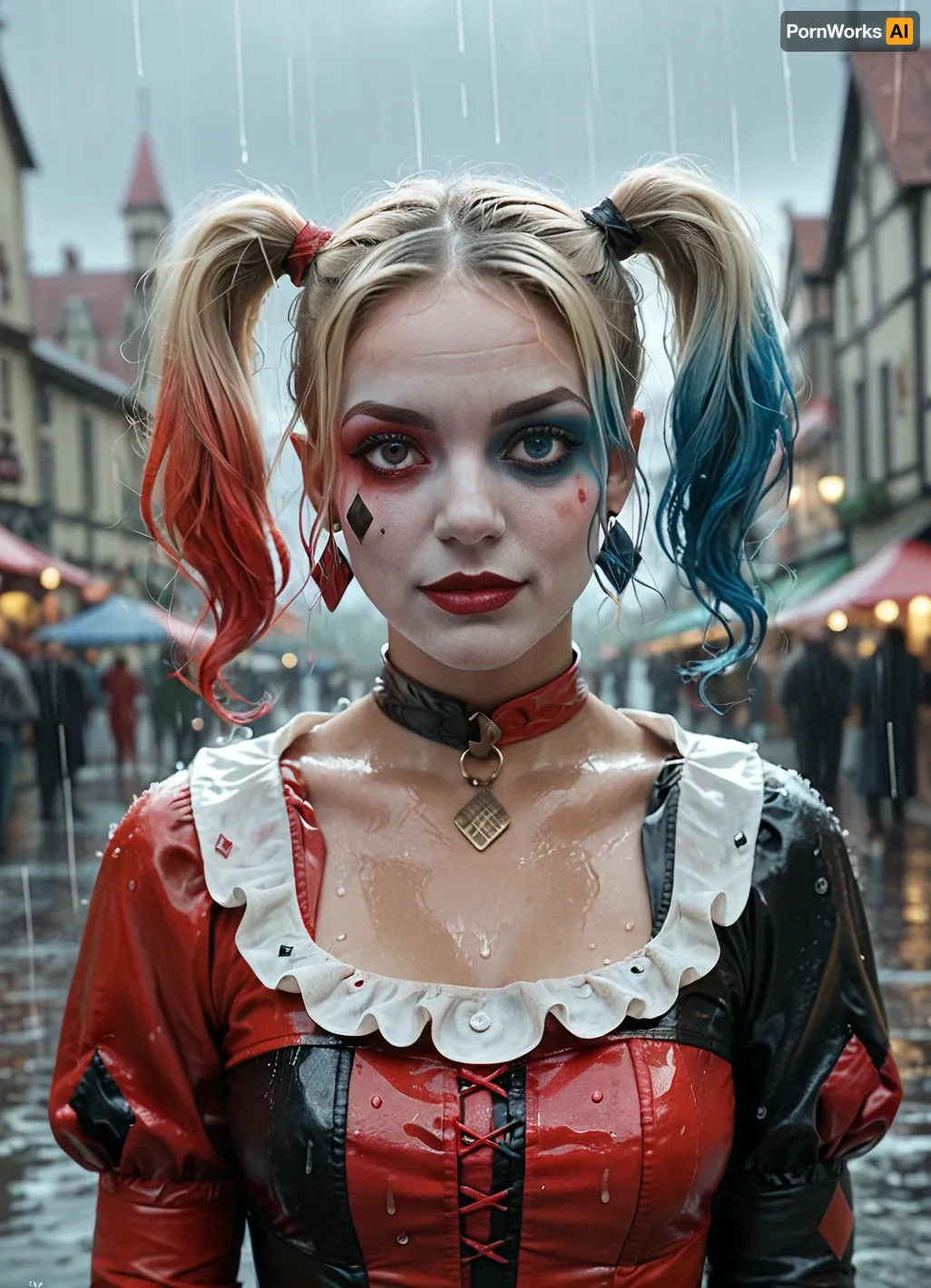 harley quinn, realistic make up, classic dress style medieval, body view, under rain, streer gotham