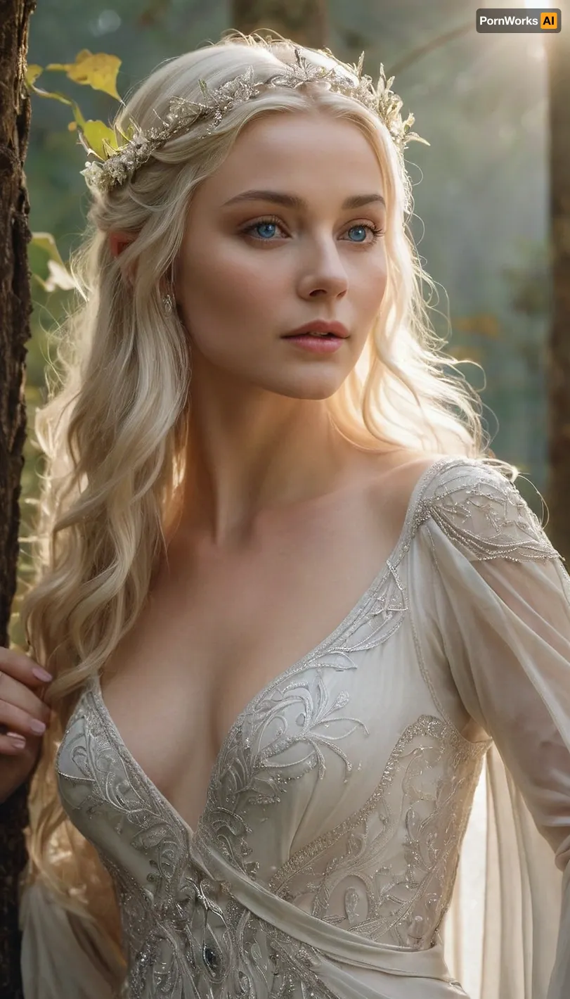 (masterpiece, best quality, highres, ultra-detailed, photorealistic), ethereal and breathtakingly beautiful Galadriel, the Lady of Lothlórien, standing gracefully in the golden glow of an ancient elven forest, surrounded by tall mallorn trees with shimmering golden leaves, a faint mist drifting through the air, creating an aura of mysticism, her piercing blue eyes reflecting the wisdom of ages, soft luminous skin with a celestial glow, delicate high cheekbones, perfectly sculpted facial features, slightly arched elegant eyebrows, full lips with a serene expression, long, flowing platinum blonde hair cascading down her back in silky waves, subtly illuminated by the soft elven light, a finely crafted silver circlet adorning her forehead with an intricate floral design, her tall and slender yet subtly curvaceous figure exuding elegance and regality, dressed in an exquisite flowing white elven gown made of the finest silk, adorned with delicate silver embroidery resembling intertwining vines and leaves, sheer translucent sleeves draping over her arms like whispers of moonlight, a regal silver belt cinching her narrow waist, long flowing skirts pooling gently at her feet, reflecting the soft ambient glow of Lórien, her graceful hands adorned with silver rings, one bearing Nenya, the Ring of Water, glowing faintly with an ethereal light, subtle cinematic lighting enhancing her divine presence, a soft elven aura radiating around her, balanced depth of field, ultra-detailed textures on clothing, hair, and surroundings, sharp focus on her mesmerizing gaze, 8K resolution.