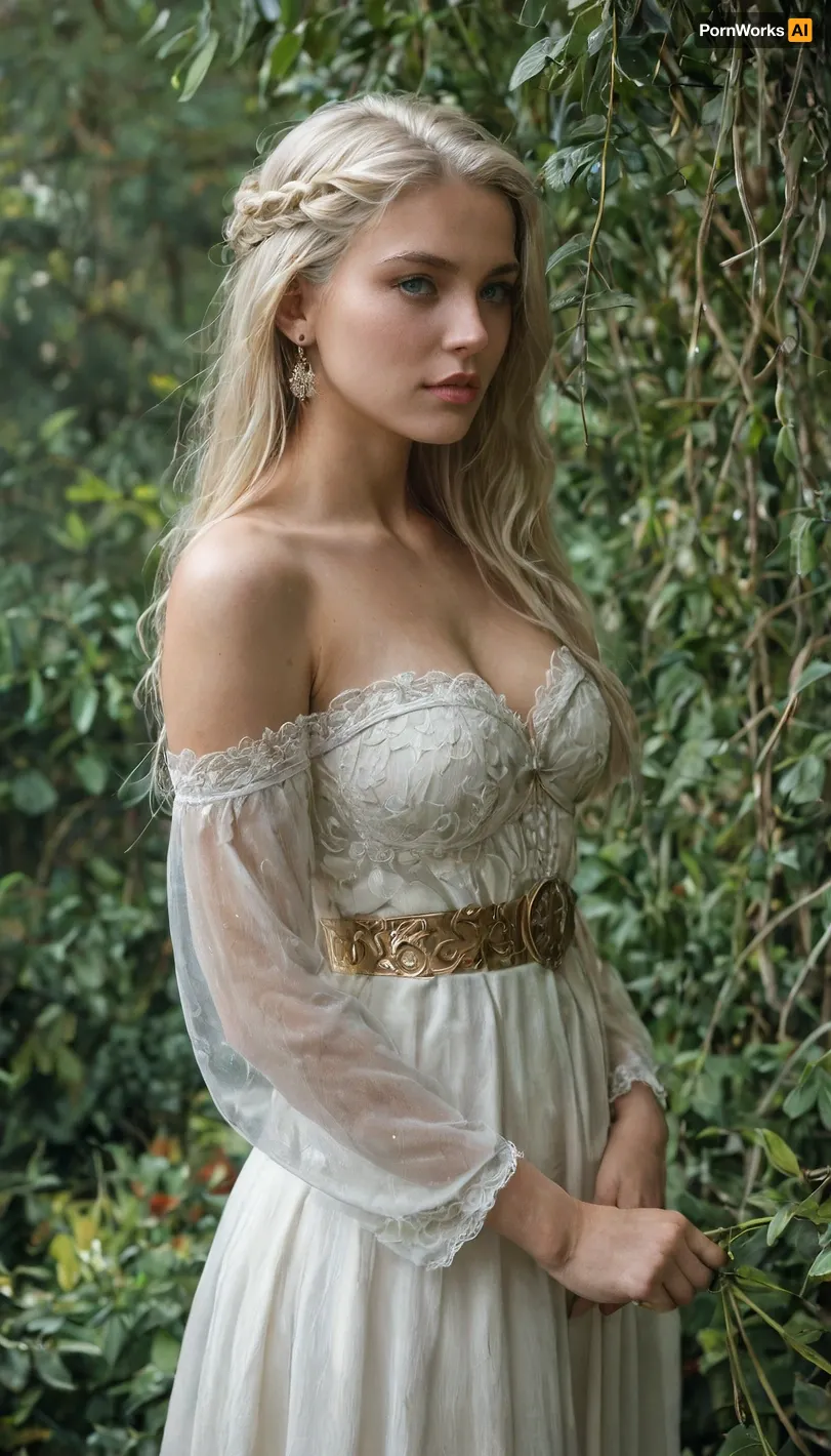 (masterpiece, best quality, highres, ultra-detailed, photorealistic), ethereal and breathtakingly beautiful Galadriel, the Lady of Lothlórien, standing gracefully in the golden glow of an ancient elven forest, surrounded by tall mallorn trees with shimmering golden leaves, a faint mist drifting through the air, creating an aura of mysticism, her piercing blue eyes reflecting the wisdom of ages, soft luminous skin with a celestial glow, delicate high cheekbones, perfectly sculpted facial features, slightly arched elegant eyebrows, full lips with a serene expression, long, flowing platinum blonde hair cascading down her back in silky waves, subtly illuminated by the soft elven light, a finely crafted silver circlet adorning her forehead with an intricate floral design, her tall and slender yet subtly curvaceous figure exuding elegance and regality, dressed in an exquisite flowing white elven gown made of the finest silk, adorned with delicate silver embroidery resembling intertwining vines and leaves, sheer translucent sleeves draping over her arms like whispers of moonlight, a regal silver belt cinching her narrow waist, long flowing skirts pooling gently at her feet, reflecting the soft ambient glow of Lórien, her graceful hands adorned with silver rings, one bearing Nenya, the Ring of Water, glowing faintly with an ethereal light, subtle cinematic lighting enhancing her divine presence, a soft elven aura radiating around her, balanced depth of field, ultra-detailed textures on clothing, hair, and surroundings, sharp focus on her mesmerizing gaze, 8K resolution.