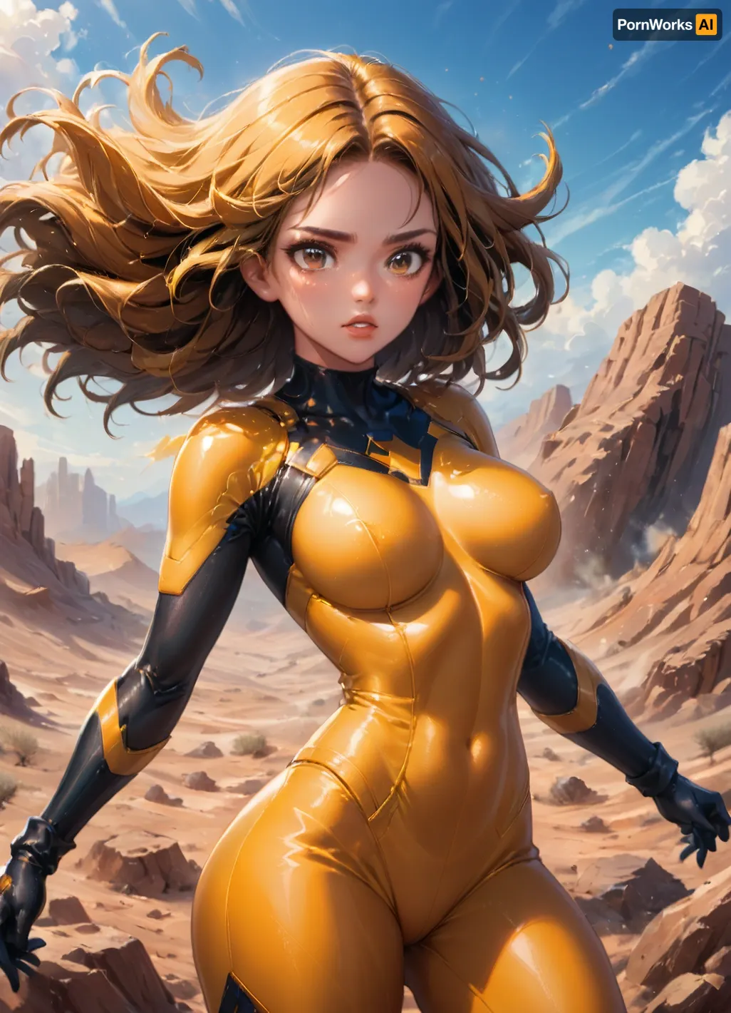 score_9, score_8, 1girl, solo, superhero, breasts, large_breasts, black_hair, brown_eyes, bodysuit, long_hair, looking_at_viewer, parted_lips, sky, blue_sky, floating_hair, lips, black_and_yellow_bodysuit, day, medium_breasts, outdoors, teeth, motion_blur, desert, cowboy shot, black_gloves