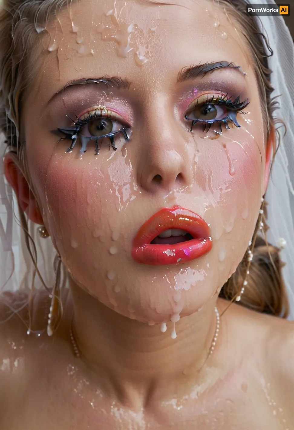 super close hot of bukkake, cumshot, facial portrait picture of the Bride face in cum facial, with heavy makeup and a lot of makeup, a lot of Cum on her face, cum on her long black eyelashes, Cum on her eyelids, Cum on her cheek skin, her face wet with Cum, Cum on her red lips. cum on her wedding tail, One of the false eyelashes is wet and on the cheek. woman, cum, on, face, ruined, makeup, <lora:JustCum:1.1>, <lora:ruined1:.9>, <lora:Pink_Lips:.9>