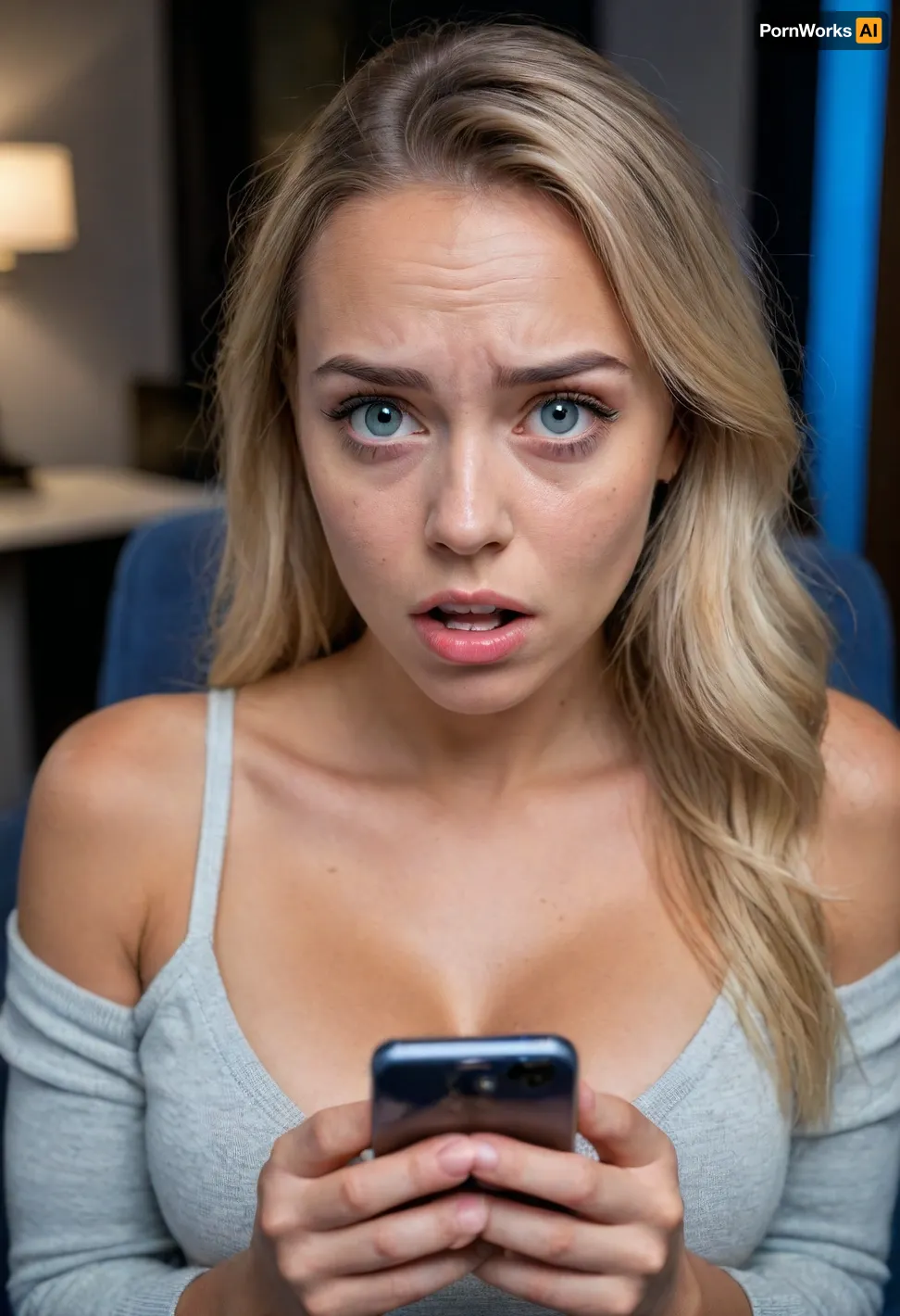 UHD 8K, (25 year old), (shy Christian girl sitting in an armchair and staring at her phone), (it is dark and her face is illuminated by the blue light her smartphone), (she is shocked and disgusted as she discovers that someone posted deepfakes of her on the Internet), (horror-struck), (night time), (her mouth is wide open in shock), (she is frowning), (she is extremely taken aback), (her gaze is locked her phone's screen), (realistic proportions), (perfect hands), surprised, look, girl, (girl frowning in disgust:1.5), (shocked:1.2), (hot chick:1.2), (northern European:1.2), (dirty blonde:1.2), (tanned), (freckles:1.1), (Swedish fitness girl:1.2), (disappointed expression:1.5), (big tits), (detailed eyes:1.3), (reflection on iris:1.2), (she says "Are you serious?"), (she says "You are sick!"), (revealing cleavage:1.3), (professional photo), (skin pores), (oily skin), (skin blemishes), (pursed lips)